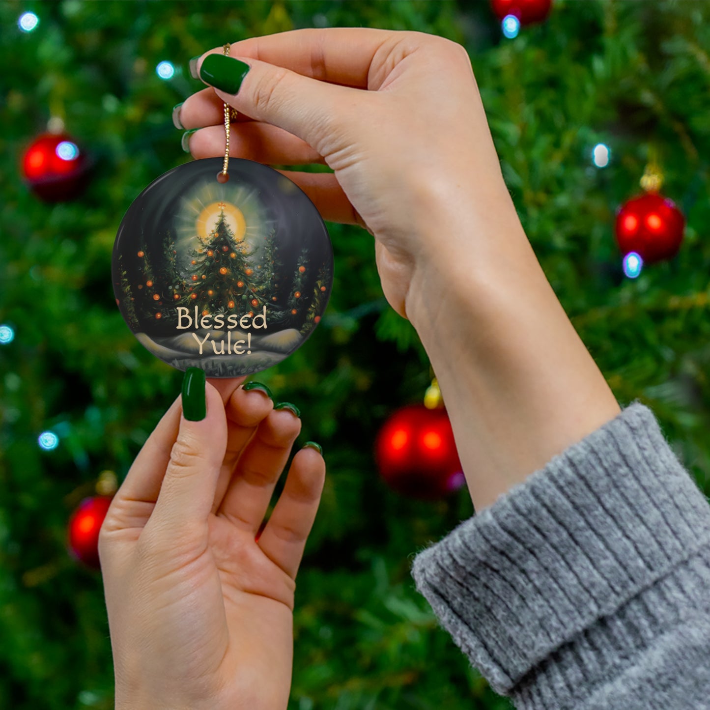 Witchy Yule Ornament - Yule Tree on the Winter Solstice - Blessed Yule! Ceramic ornament for Yule Tree or home decor wiccan pagan heathen