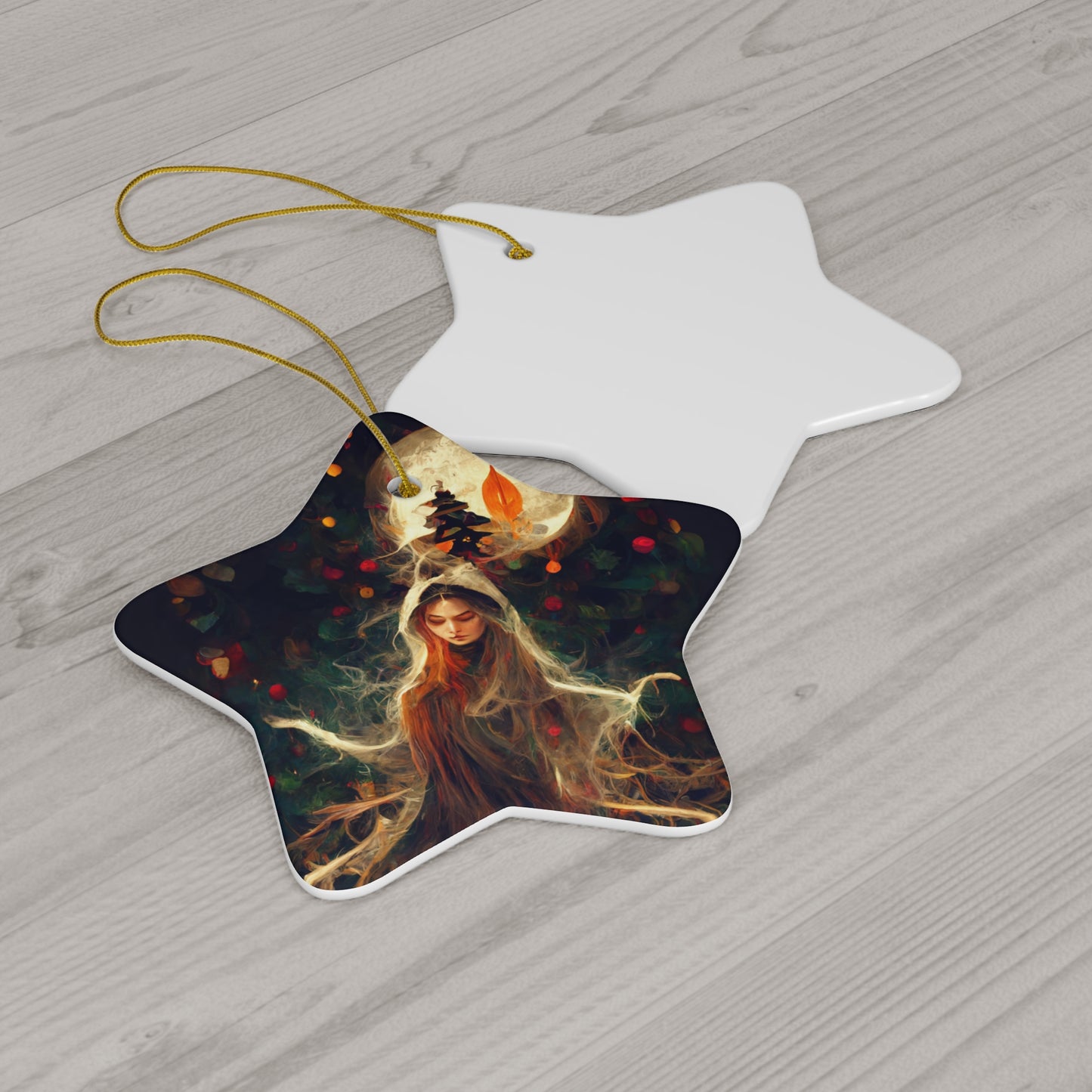 Witchy Yule Ornament - Full Moon Cloaked witch in the woods - Blessed Yule! Ceramic ornament for Yule Tree wiccan pagan witchcraft gift