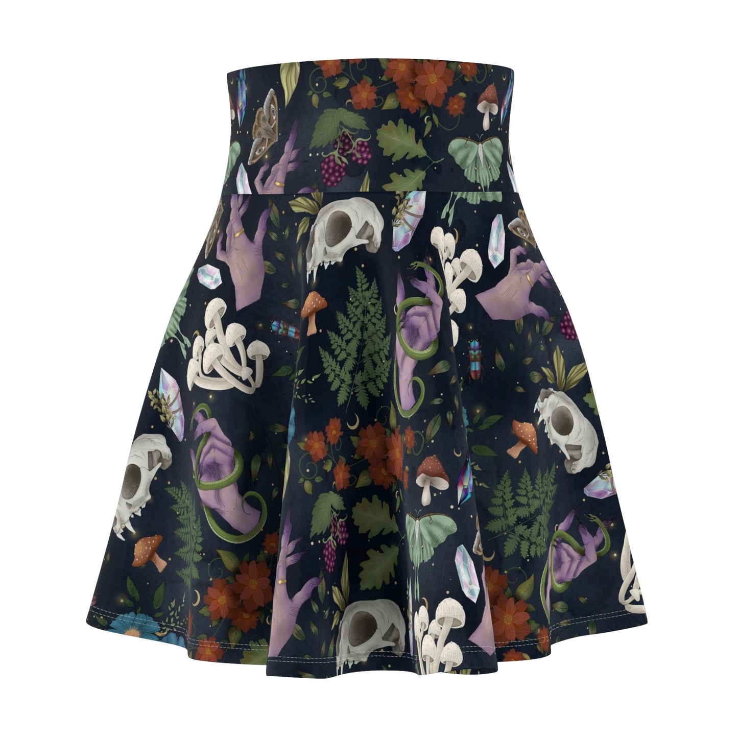 Skulls, Mushrooms & Moths | Witchy Skirt | Magical Skirt | Protection Symbol | Blue & White Skirt | Polyester Spandex