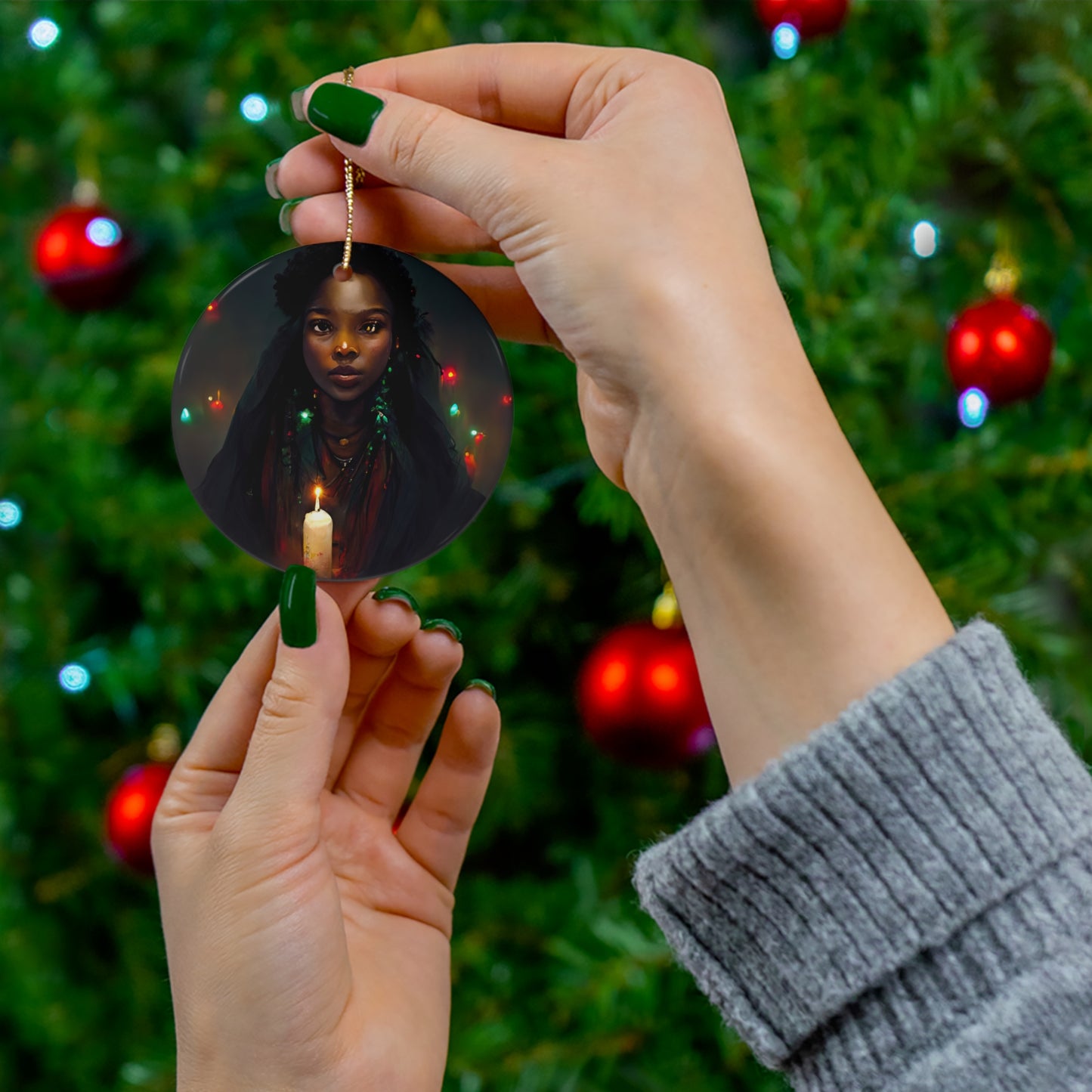 Witchy Yule Ornament - Witchy woman holding a candle - Blessed Yule! Ceramic ornament for Yule Tree or home decor wiccan pagan black woman