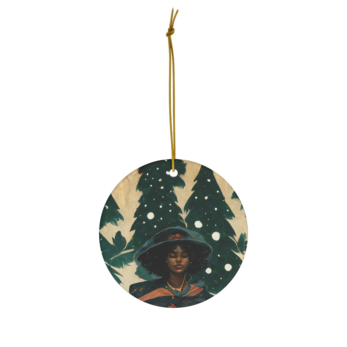 Yule Ornament - CERAMIC Witch with Pine Trees Yule Ornament - Blessed Yule! For Yule Tree, black woman, wiccan gift, pagan decor