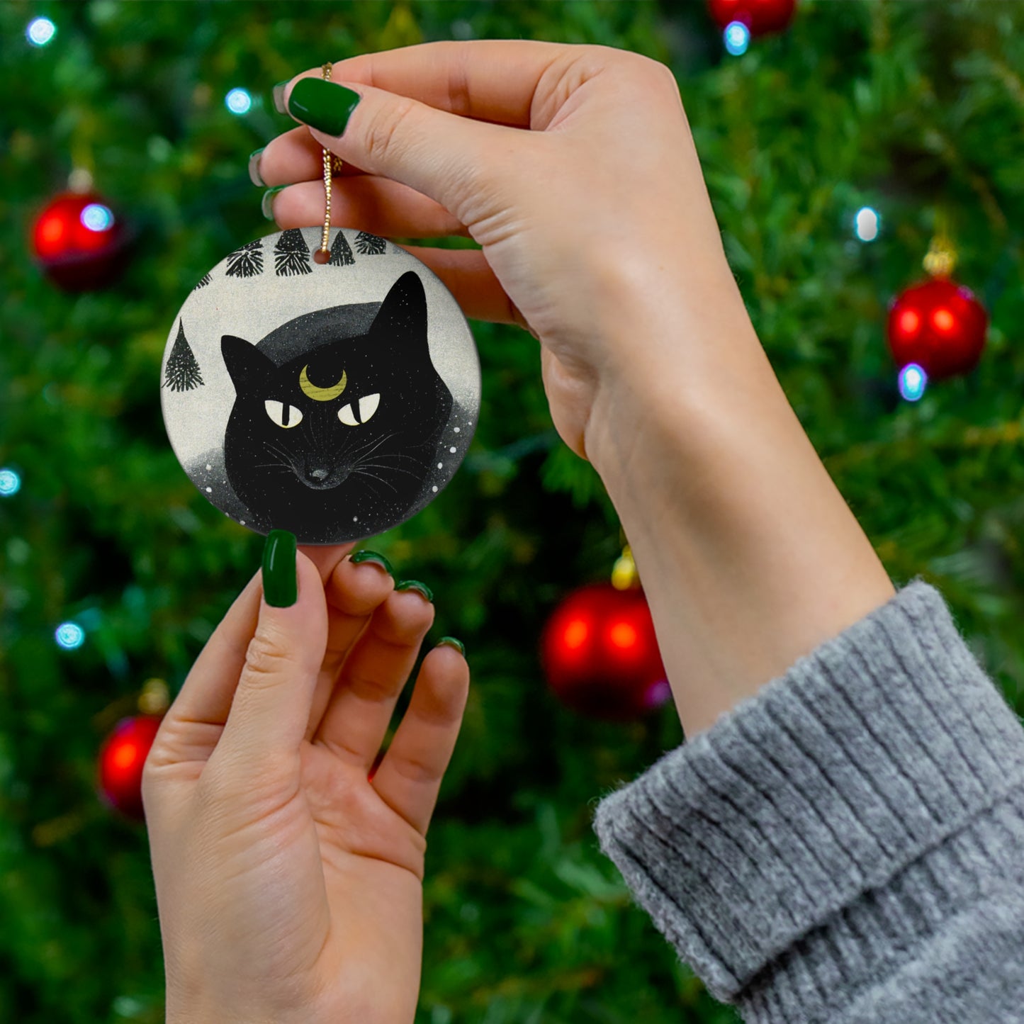 Witchy Yule Ornament - Ceramic Black Cat Yule Ornament - Blessed Yule! For Yule Tree pagan man gift wiccan gift pagan decor, witchy Familiar