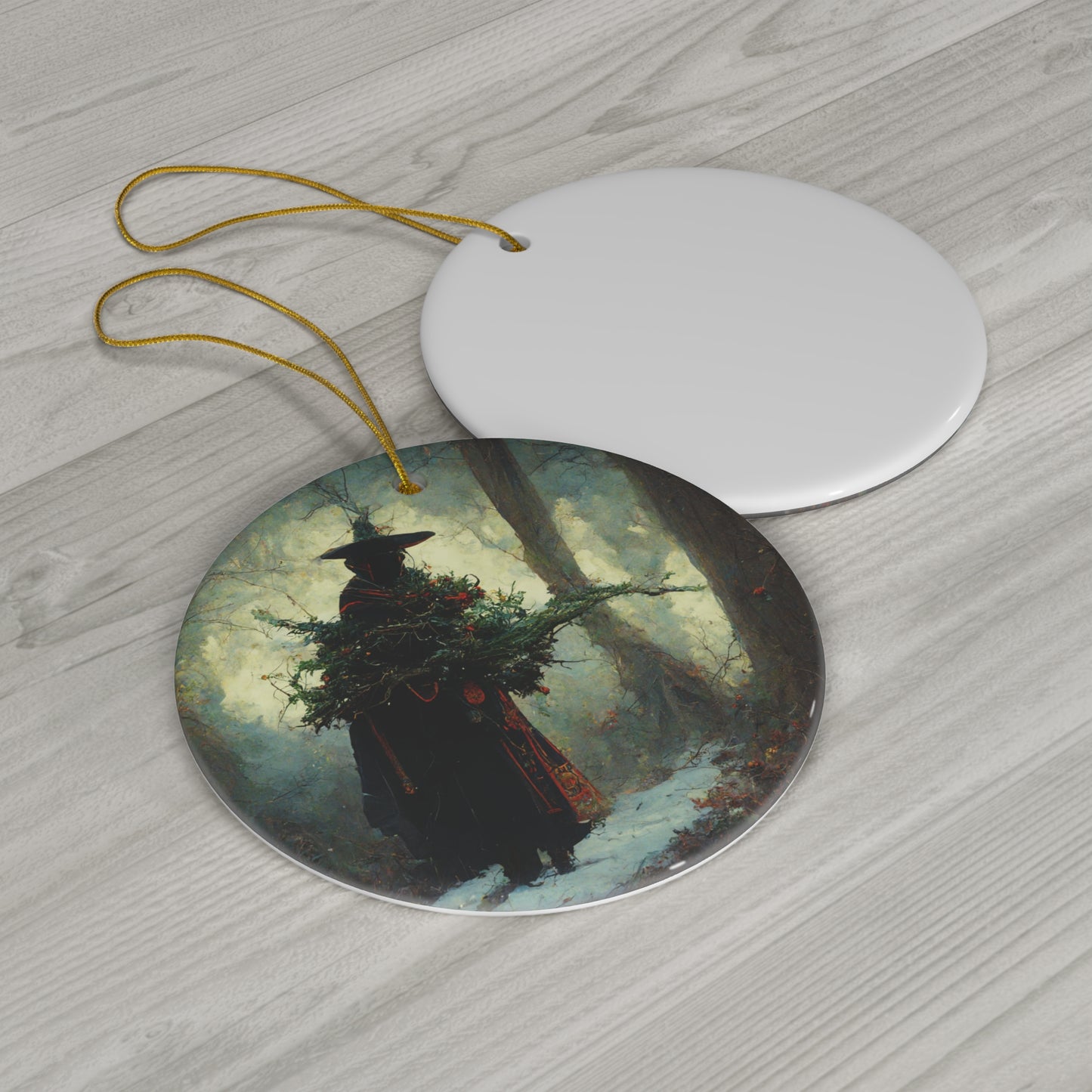 Ceramic Pagan Yule Ornament - Masculine Witch in the winter woods of yule - Blessed Yule! Round Circle ornament for Yule Tree
