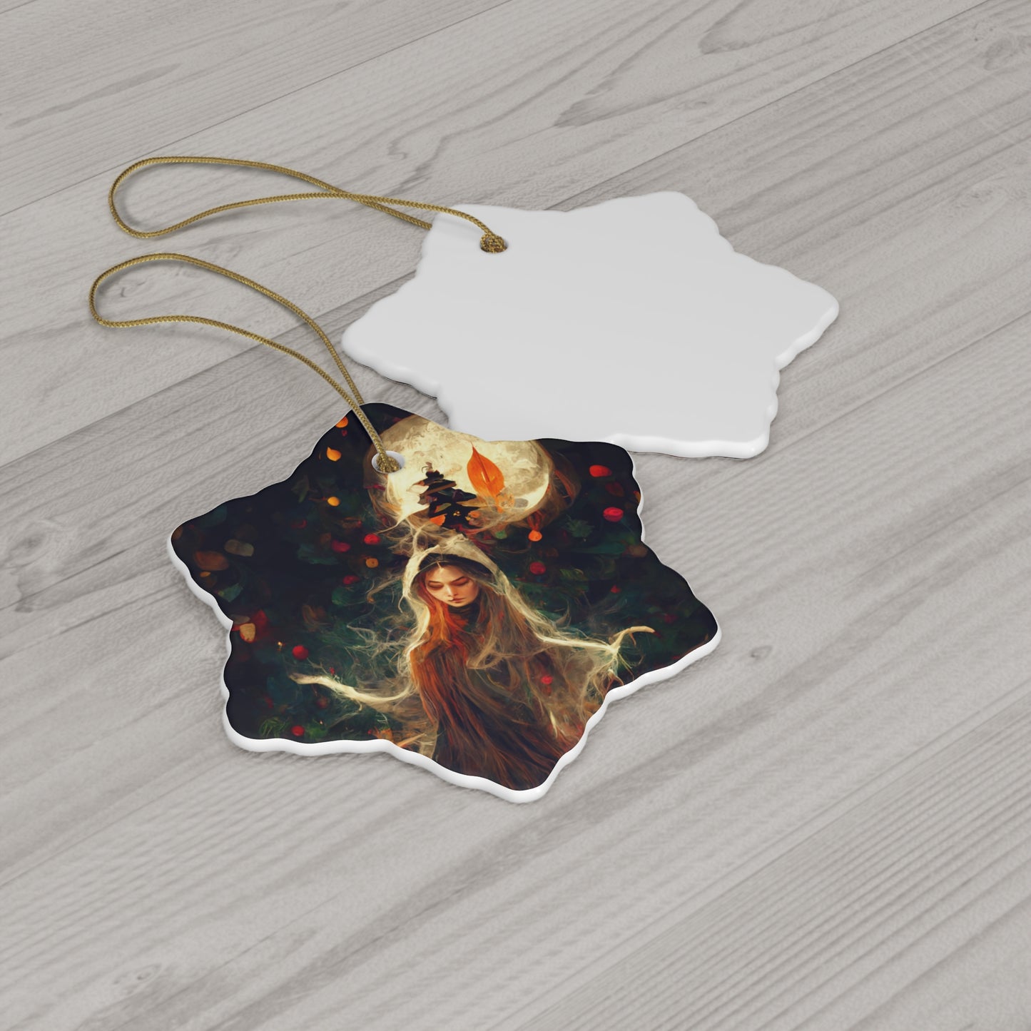Witchy Yule Ornament - Full Moon Cloaked witch in the woods - Blessed Yule! Ceramic ornament for Yule Tree wiccan pagan witchcraft gift