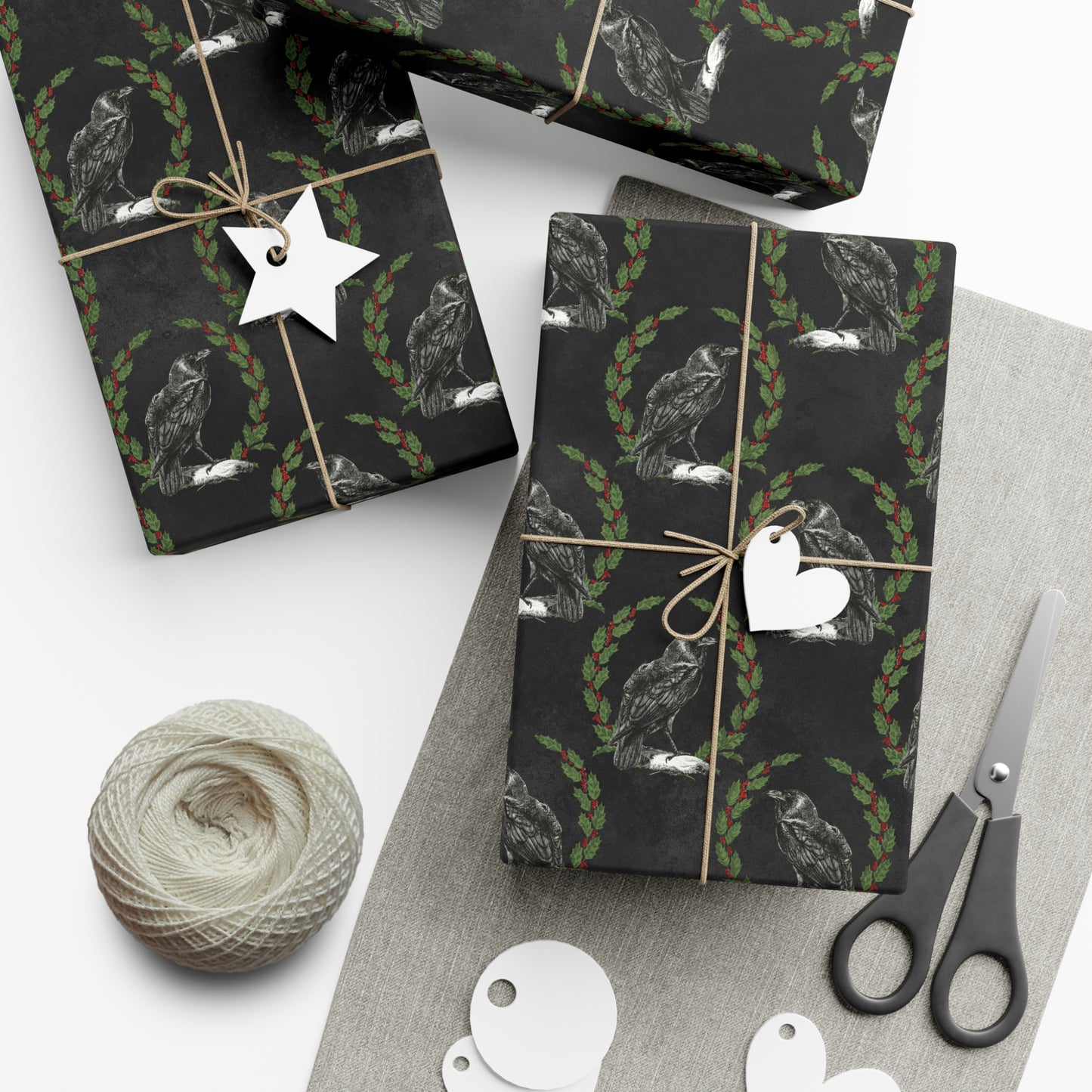Gothic Yule Wrapping Paper - Witchy Gift Wrap - Raven & Wreath on Black | Gothic Christmas