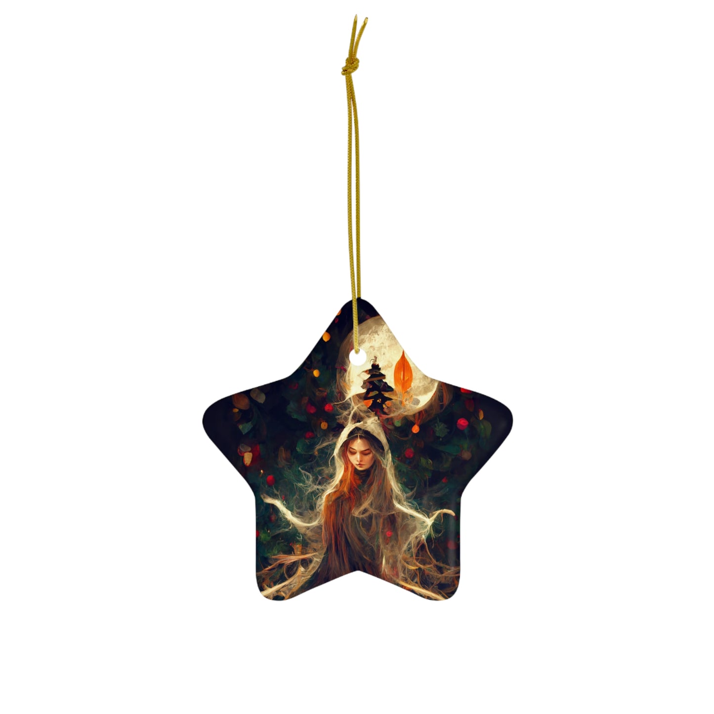 Witchy Yule Ornament - Full Moon Cloaked witch in the woods - Blessed Yule! Ceramic ornament for Yule Tree wiccan pagan witchcraft gift