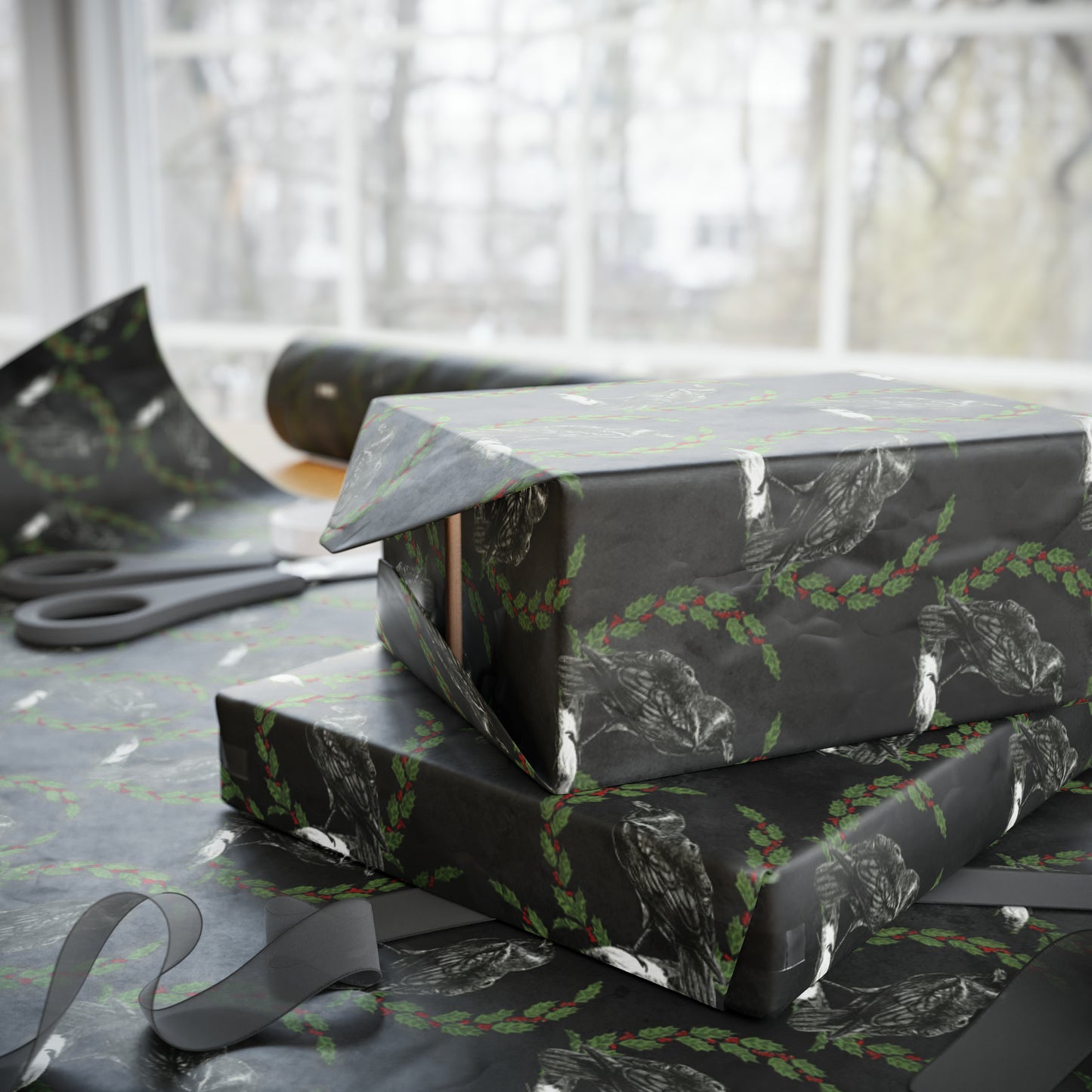 Gothic Yule Wrapping Paper - Witchy Gift Wrap - Raven & Wreath on Black | Gothic Christmas