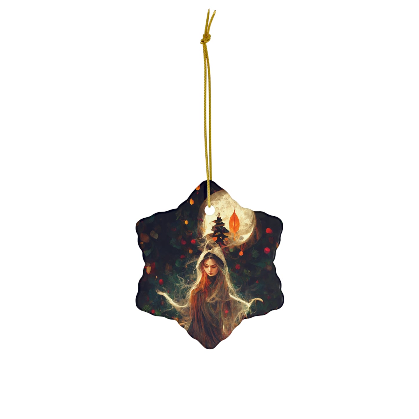 Witchy Yule Ornament - Full Moon Cloaked witch in the woods - Blessed Yule! Ceramic ornament for Yule Tree wiccan pagan witchcraft gift