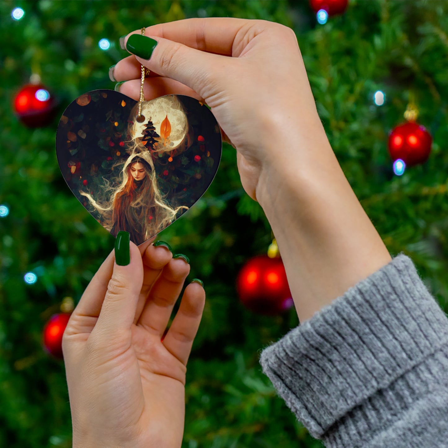 Witchy Yule Ornament - Full Moon Cloaked witch in the woods - Blessed Yule! Ceramic ornament for Yule Tree wiccan pagan witchcraft gift