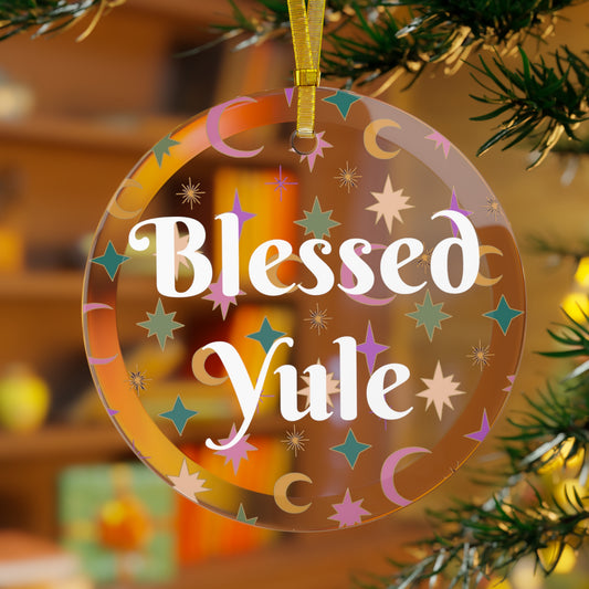 Glass Blessed Yule Ornament with Stars & Crescents - Christmas Ornament - Ornament for Tree Winter Solstice - Pagan, Witch, Witchcraft
