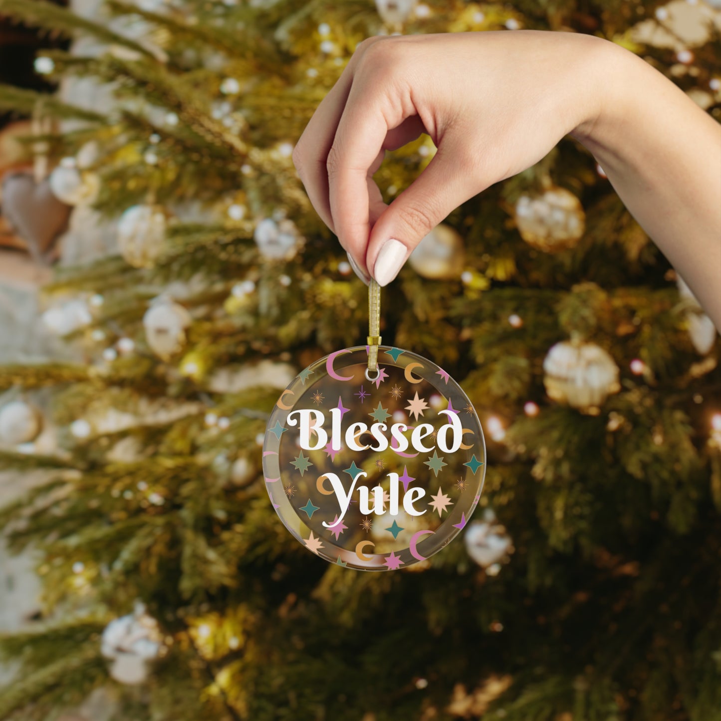 Glass Blessed Yule Ornament with Stars & Crescents - Christmas Ornament - Ornament for Tree Winter Solstice - Pagan, Witch, Witchcraft