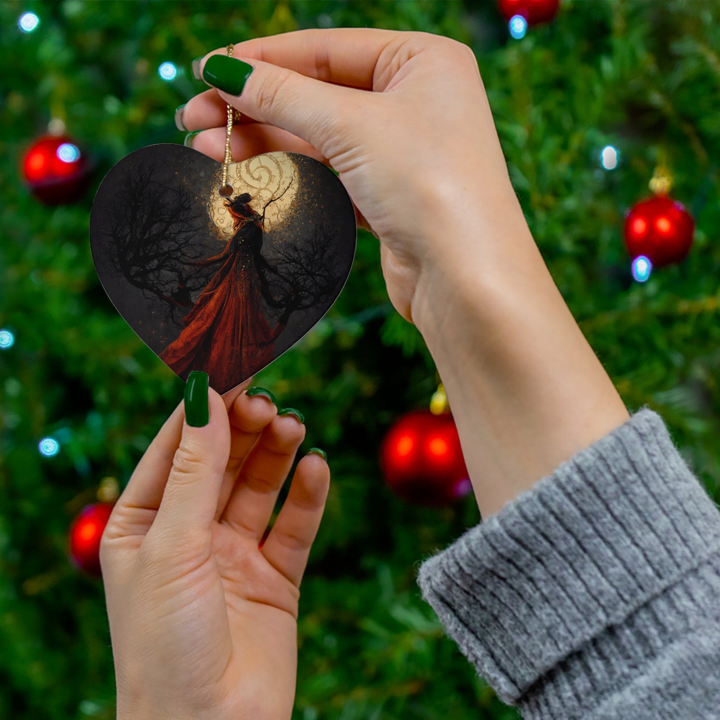 Witchy Yule Ornament - Full Moon Ceremony in the Woods with Cloaked Witch - Blessed Yule! Ceramic ornament for Yule Tree or home decoration