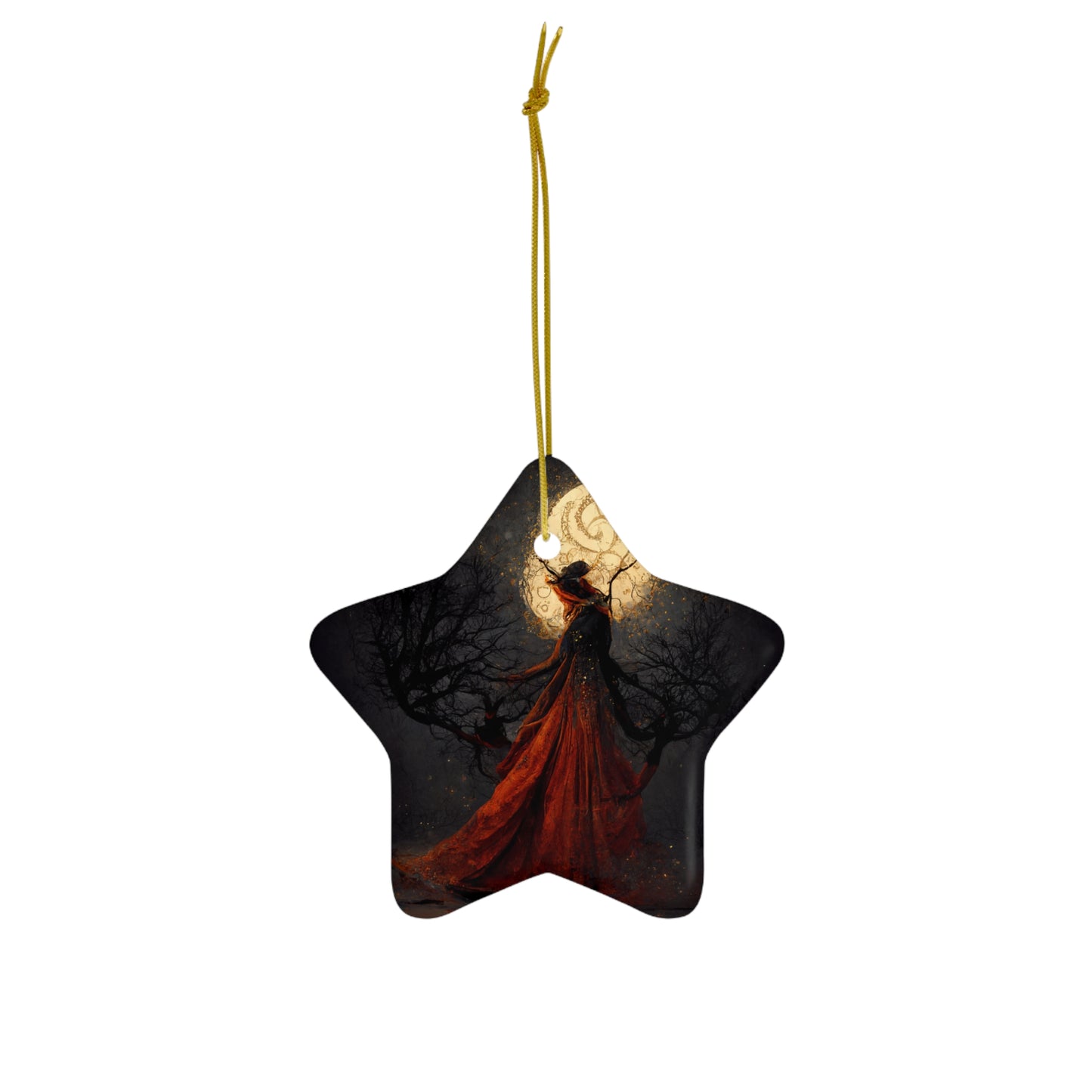 Witchy Yule Ornament - Full Moon Ceremony in the Woods with Cloaked Witch - Blessed Yule! Ceramic ornament for Yule Tree or home decoration