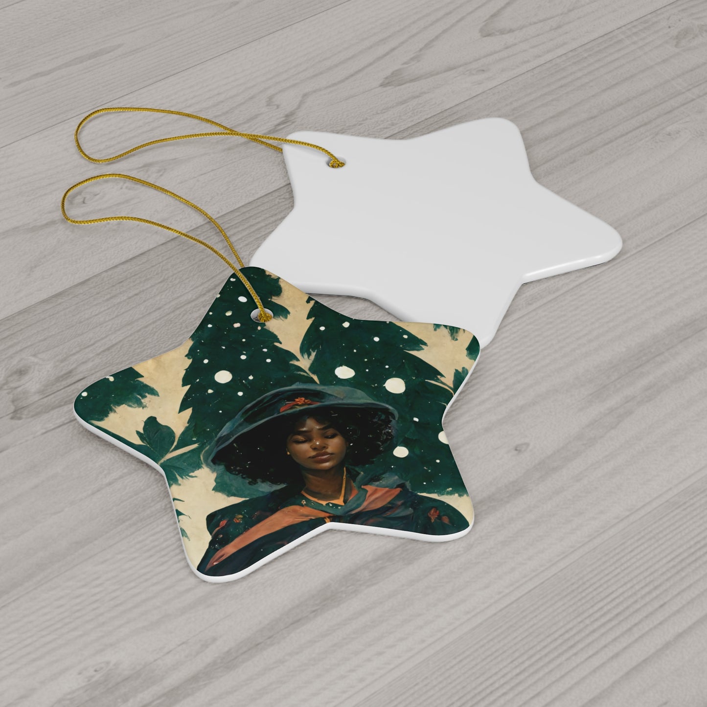 Yule Ornament - CERAMIC Witch with Pine Trees Yule Ornament - Blessed Yule! For Yule Tree, black woman, wiccan gift, pagan decor