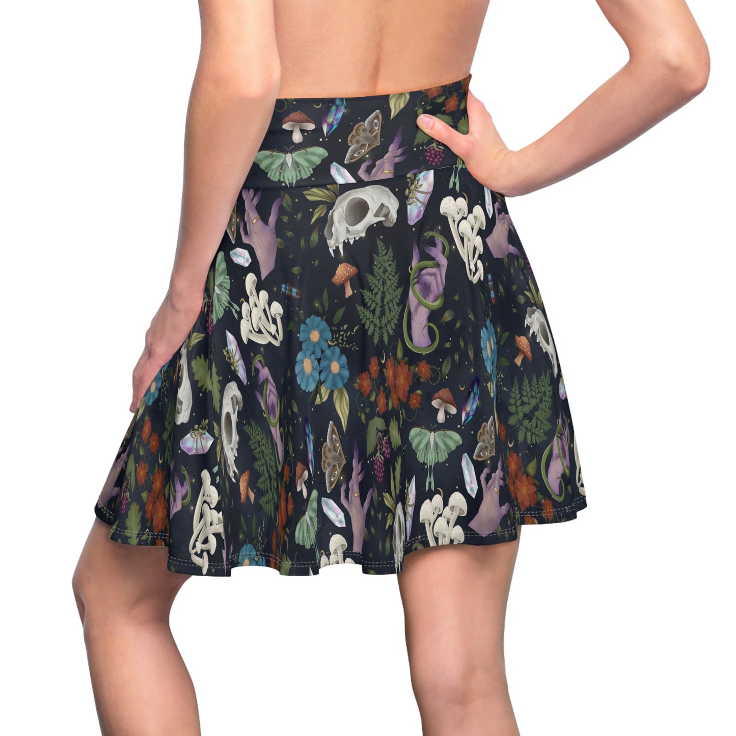 Skulls, Mushrooms & Moths | Witchy Skirt | Magical Skirt | Protection Symbol | Blue & White Skirt | Polyester Spandex