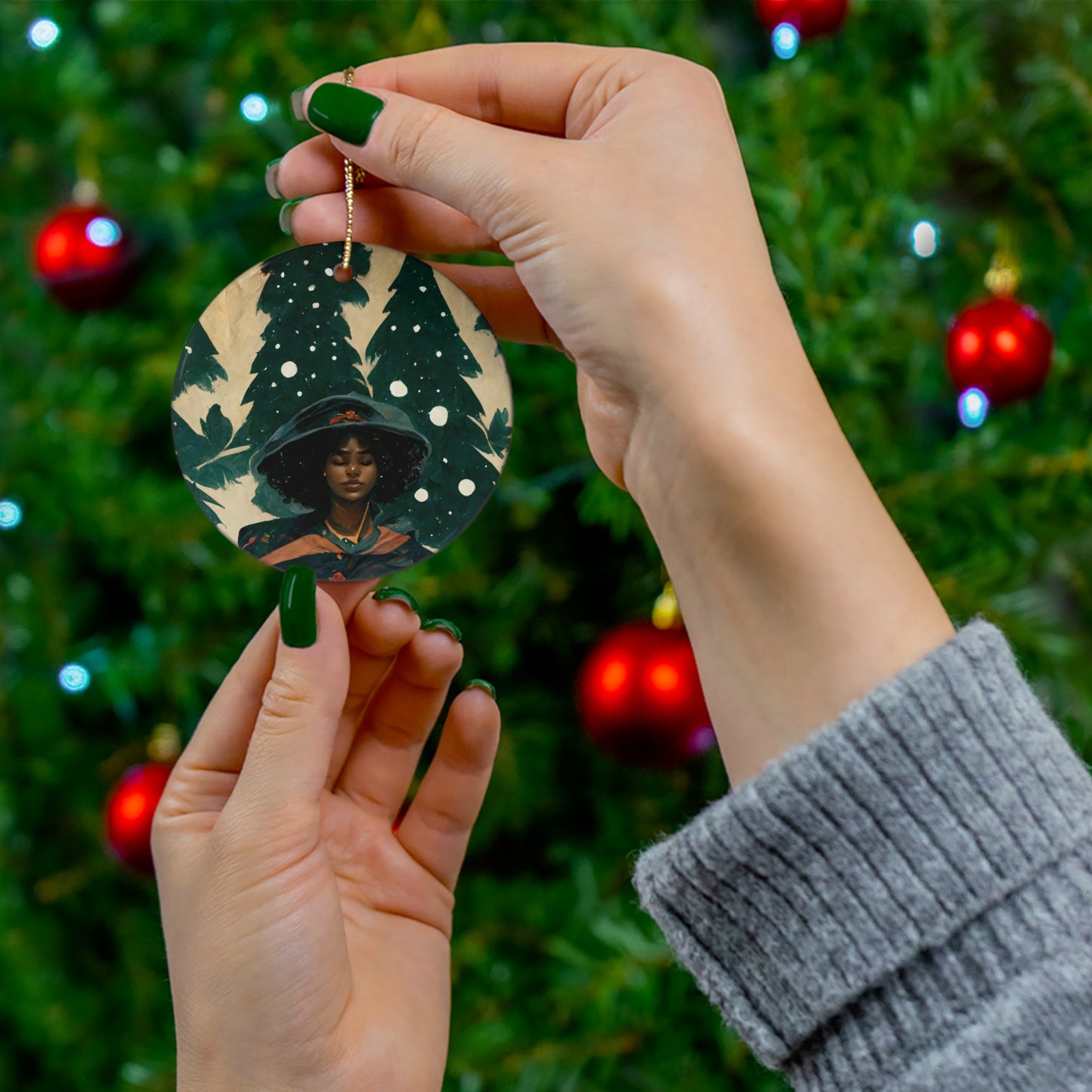 Yule Ornament - CERAMIC Witch with Pine Trees Yule Ornament - Blessed Yule! For Yule Tree, black woman, wiccan gift, pagan decor