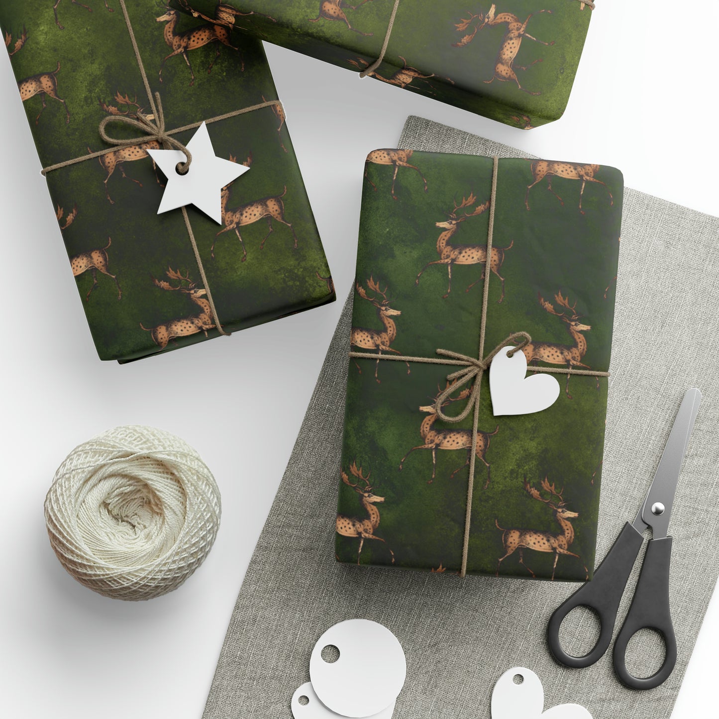 Yule Wrapping Paper - Witchy Gift Wrap - Yule Deer on Green Paper Great for witchy gifts, goth Christmas