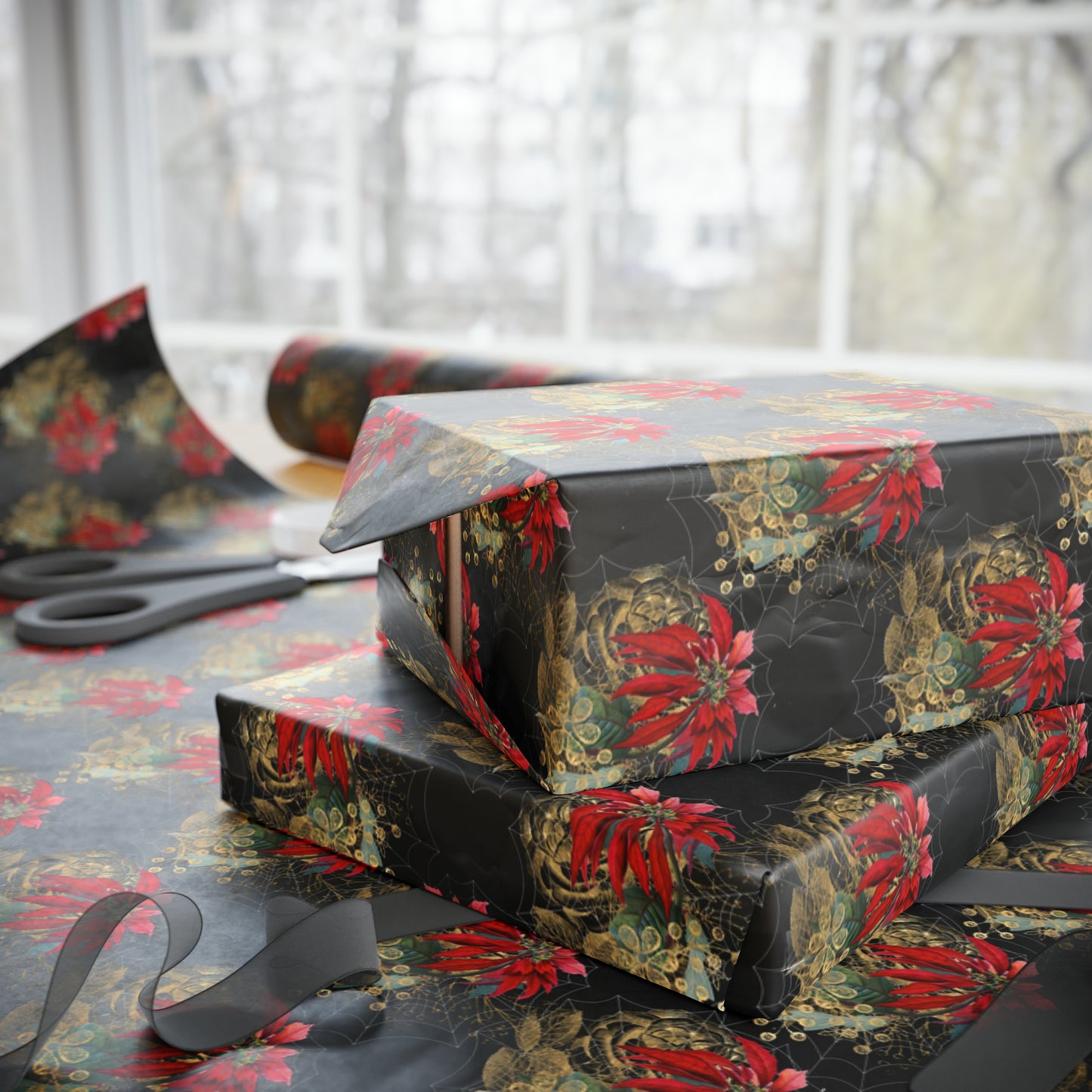 Gothic Yule Wrapping Paper - Witchy Gift Wrap - Spider Webs & Poinsettias | Goth Christmas