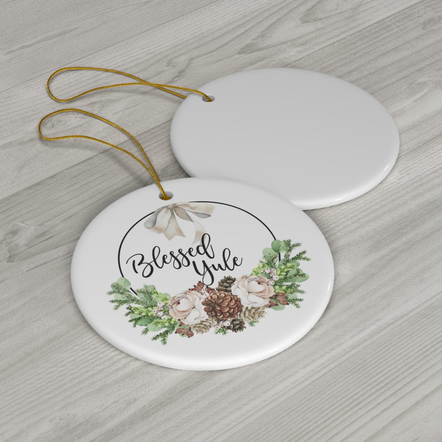 Blessed Yule with Wreath - Ceramic Yule Ornament - Christmas Ornament - Pagan Ornament - Pagan gift, Pagan Man Gift, Wiccan Gift, Witch Gift