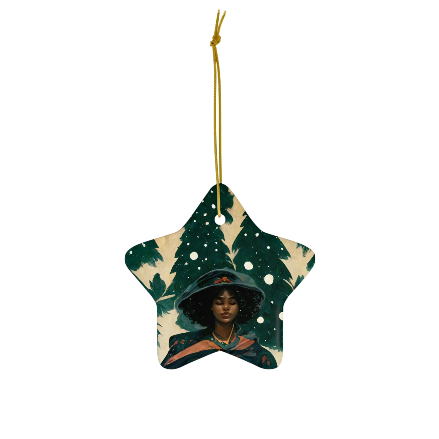 Yule Ornament - CERAMIC Witch with Pine Trees Yule Ornament - Blessed Yule! For Yule Tree, black woman, wiccan gift, pagan decor