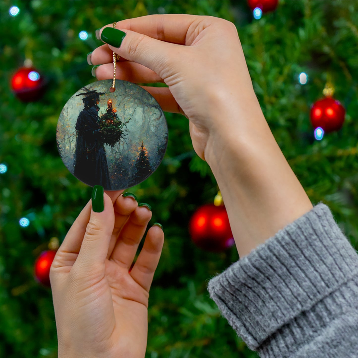 Pagan Yule Ornament - Masculine Witch with in the woods with tree Ornament - Blessed Yule! Ceramic ornament for Yule Tree or Christmas Tree