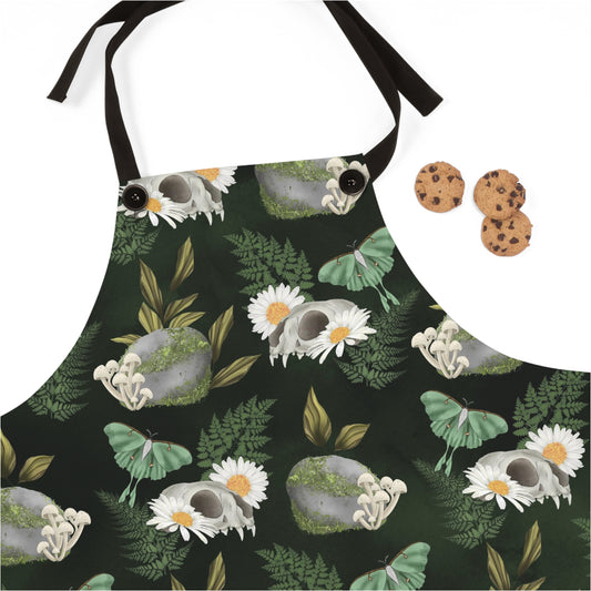 Kitchen Witch Apron - Featuring skulls, moths mushrooms, botanicals, flowers & plants -  One Size - witchy gift, wiccan gift