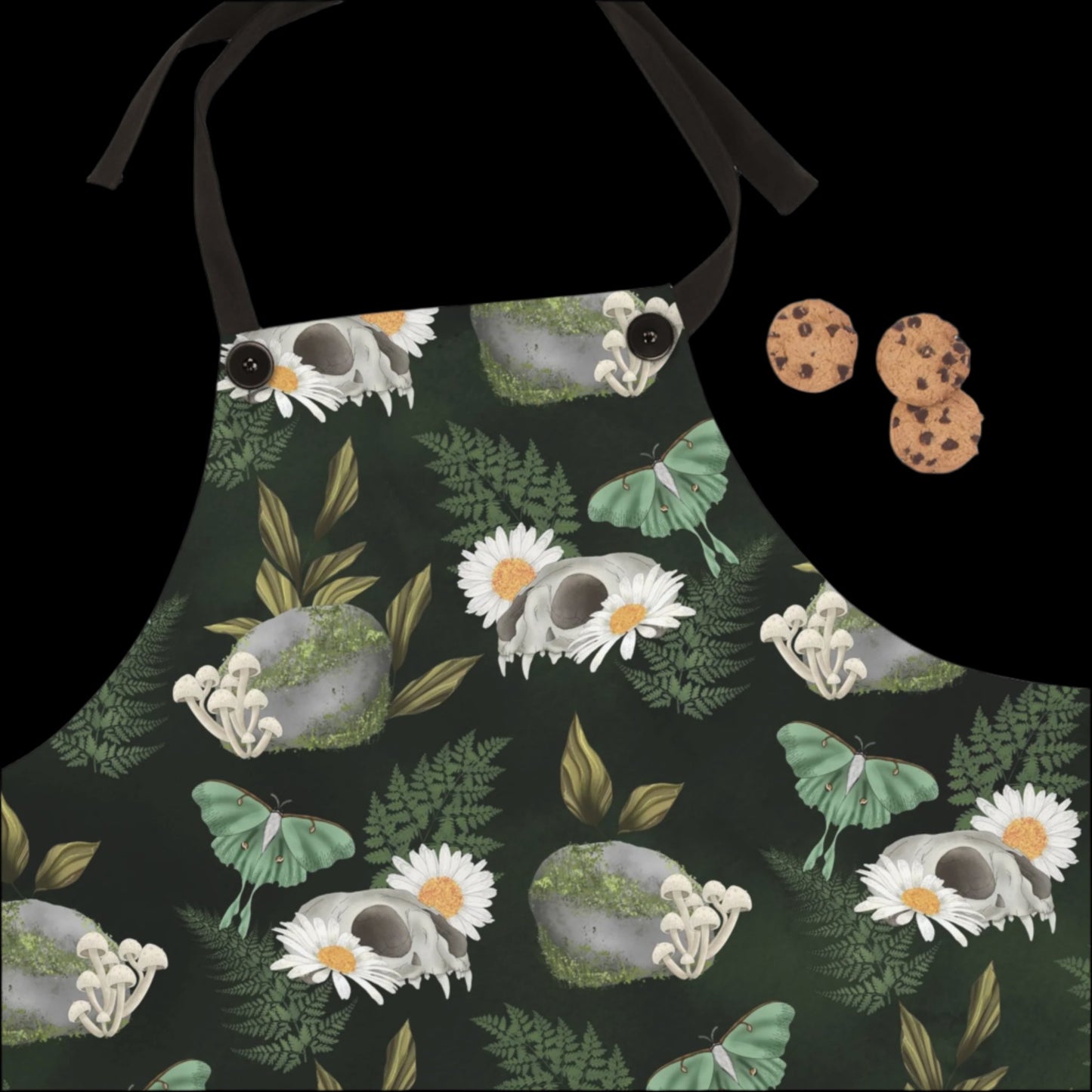 Kitchen Witch Apron - Featuring skulls, moths mushrooms, botanicals, flowers & plants - One Size - witchy gift, wiccan gift