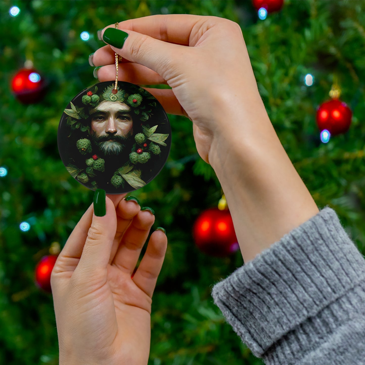 Witchy Yule Ornament - Green Man with holly berries Ornament - Blessed Yule! Ceramicornament for Yule Tree or Christmas Tree, pagan man gift