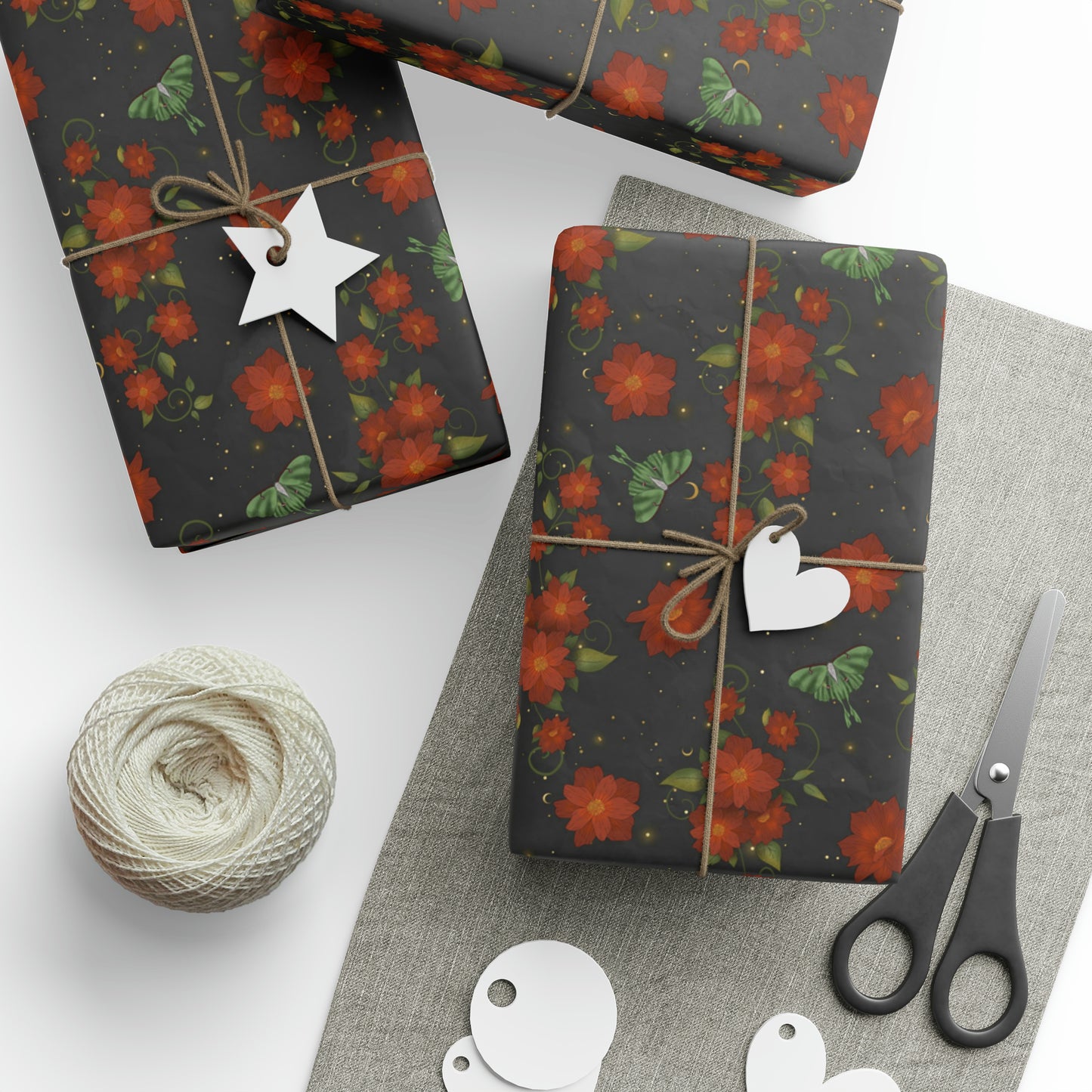 Red Flowers & Moths | Witchy Wrapping Paper | Boutique Gift Wrap