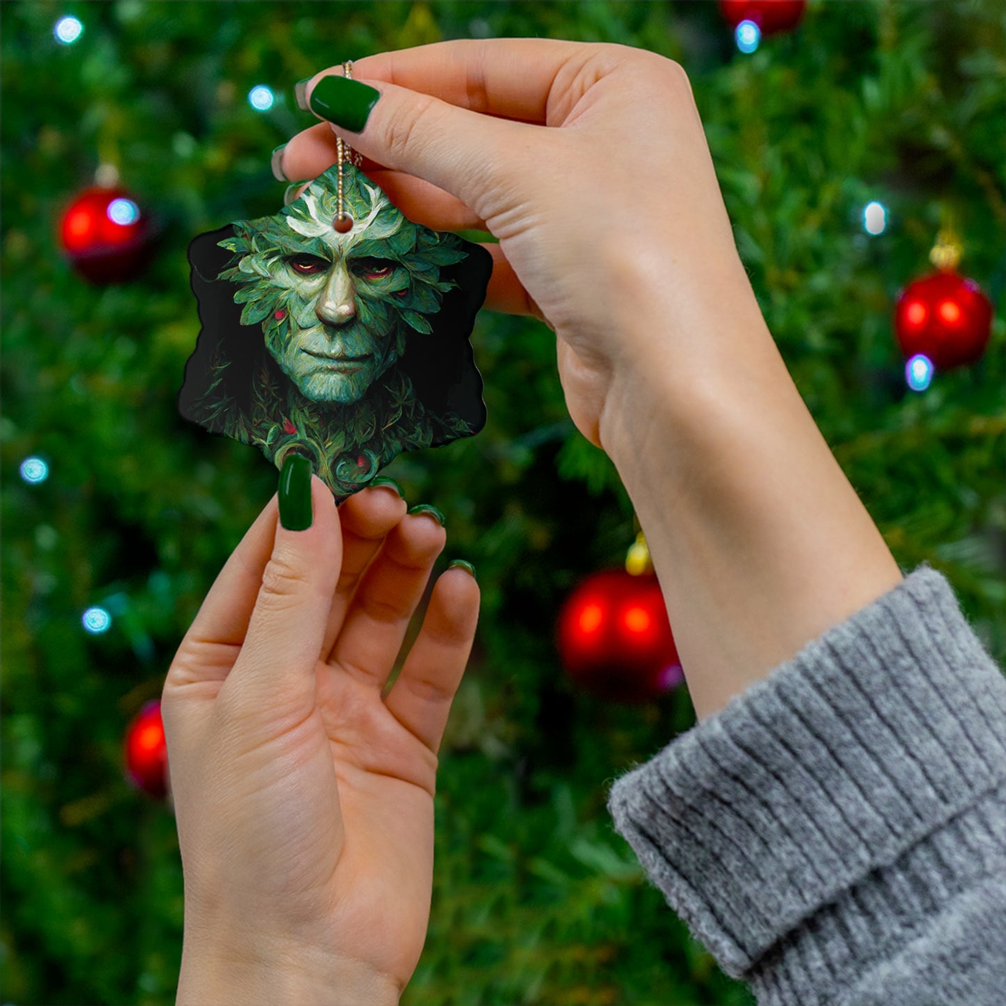 Pagan Yule Ornament - Green Man with holly berries Ornament - Blessed Yule! Ceramic ornament for Yule Tree or Christmas Tree, pagan man gift