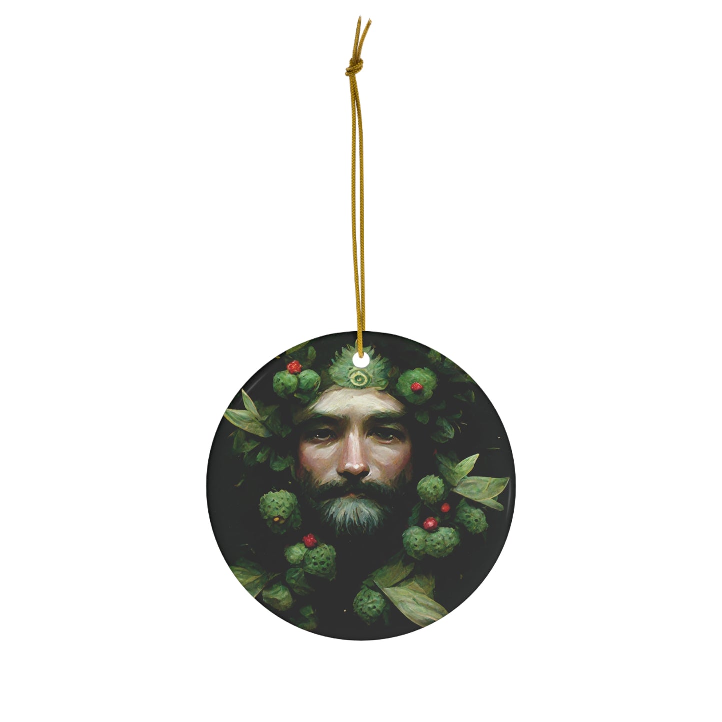 Witchy Yule Ornament - Green Man with holly berries Ornament - Blessed Yule! Ceramicornament for Yule Tree or Christmas Tree, pagan man gift