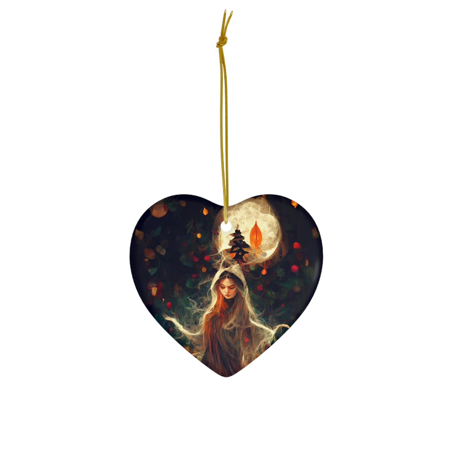 Witchy Yule Ornament - Full Moon Cloaked witch in the woods - Blessed Yule! Ceramic ornament for Yule Tree wiccan pagan witchcraft gift