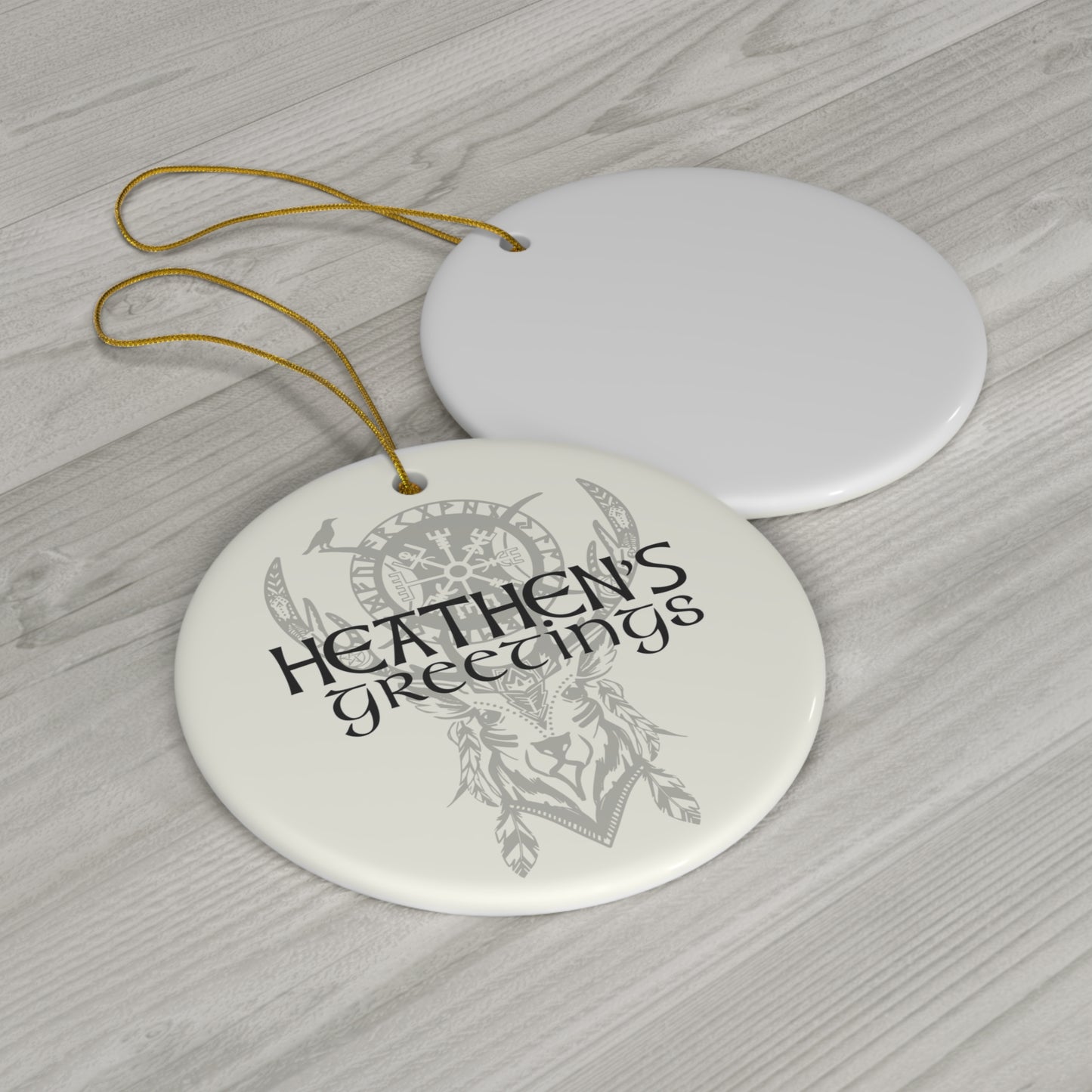 Heathen's Greetings, Ceramic Yule Ornaments, Futhark Stag Vegvisir Witchcraft, Witch, Yule Pagan Norse Decor, Pagan Gift, Witchy Gift