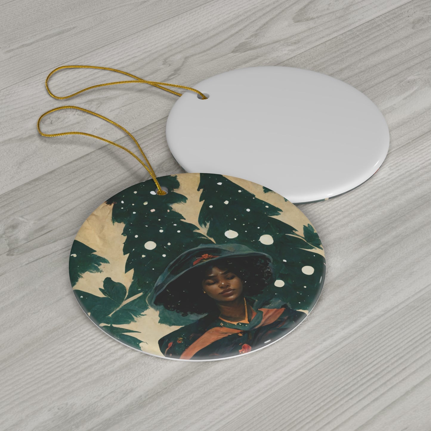 Yule Ornament - CERAMIC Witch with Pine Trees Yule Ornament - Blessed Yule! For Yule Tree, black woman, wiccan gift, pagan decor