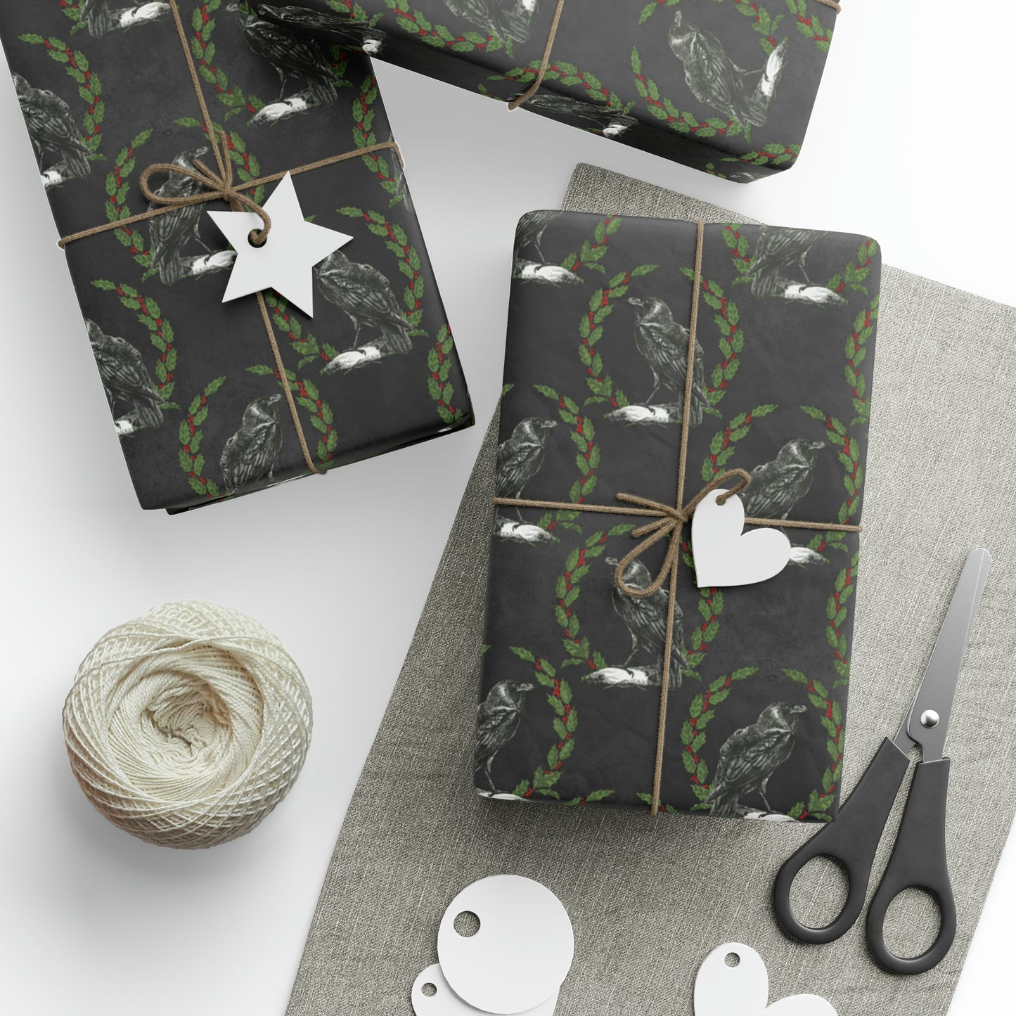 Gothic Yule Wrapping Paper - Witchy Gift Wrap - Raven  & Wreath on Black | Gothic Christmas