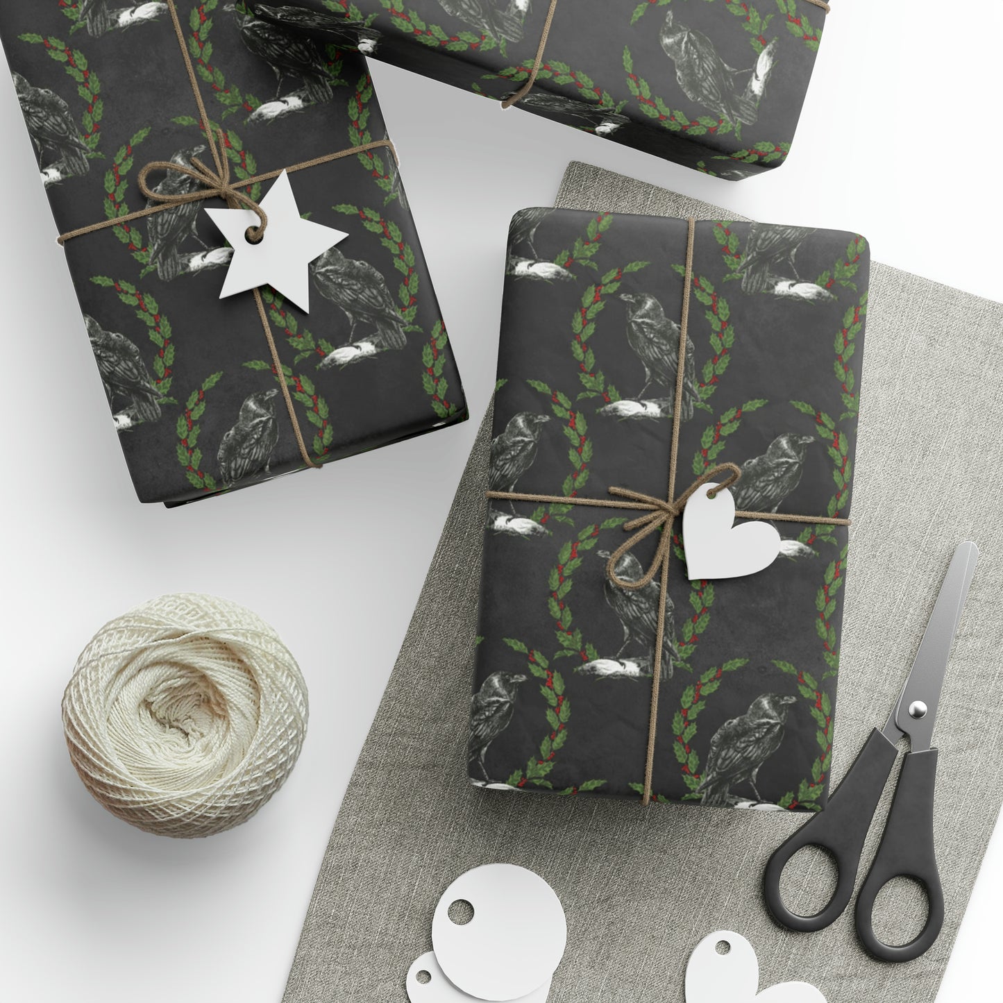Gothic Yule Wrapping Paper - Witchy Gift Wrap - Raven & Wreath on Black | Gothic Christmas