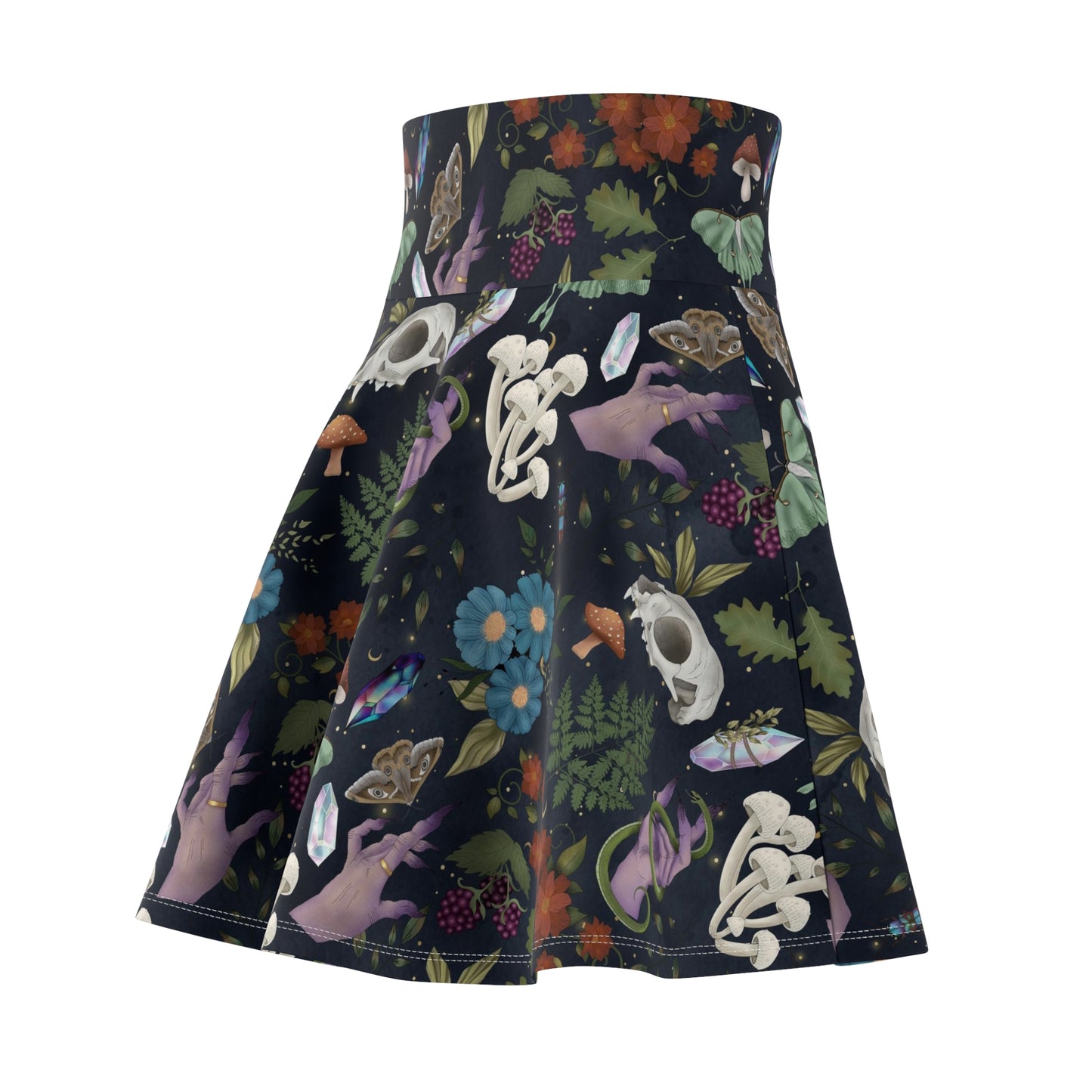 Skulls, Mushrooms & Moths | Witchy Skirt | Magical Skirt | Protection Symbol | Blue & White Skirt | Polyester Spandex
