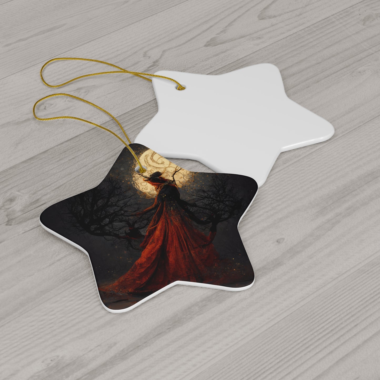Witchy Yule Ornament - Full Moon Ceremony in the Woods with Cloaked Witch - Blessed Yule! Ceramic ornament for Yule Tree or home decoration