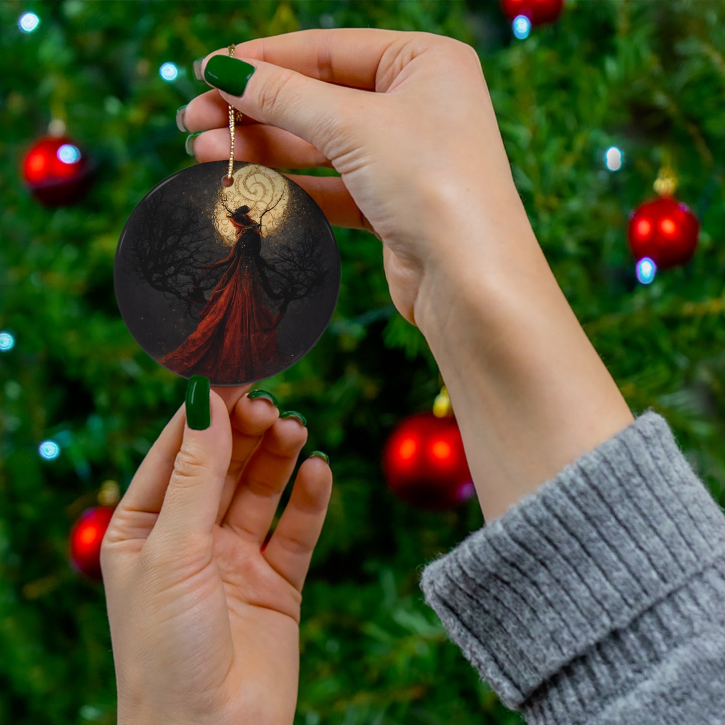 Witchy Yule Ornament - Full Moon Ceremony in the Woods with Cloaked Witch - Blessed Yule! Ceramic ornament for Yule Tree or home decoration