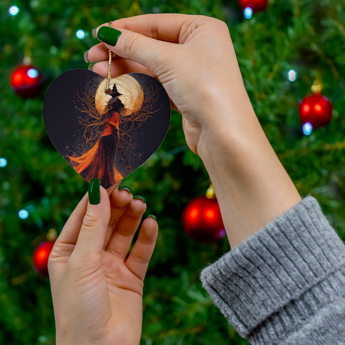 Witchy Yule Ornament - Full Moon ceremony in the Woods with Cloaked Witch - Blessed Yule! Ceramic ornament for Yule Tree or home decoration