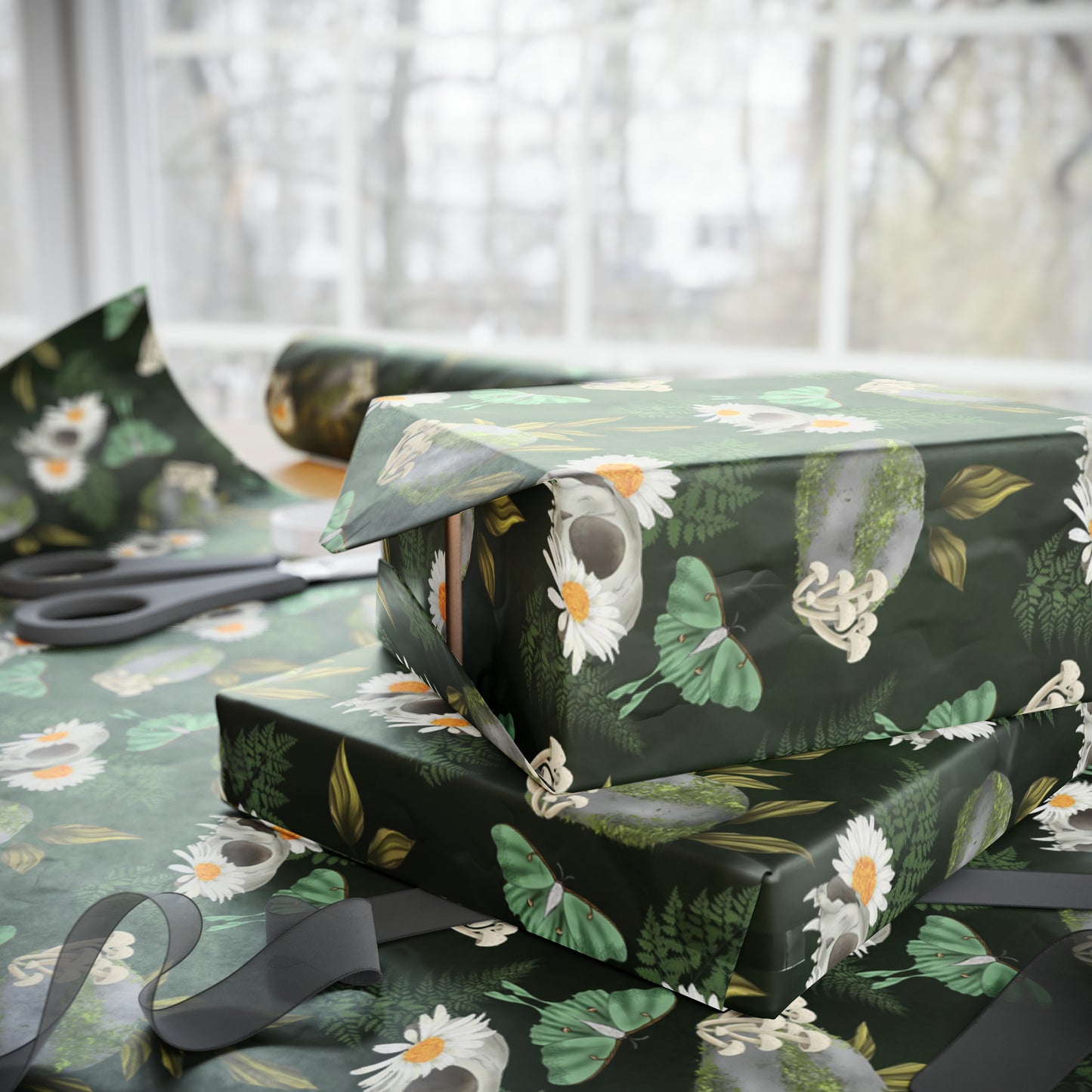Green Witch Skulls & Moths | Witchy Wrapping Paper | Boutique Gift Wrap