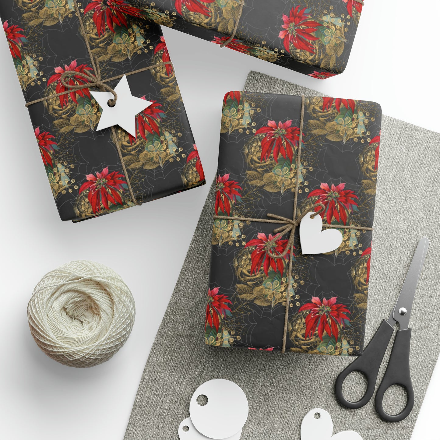 Gothic Yule Wrapping Paper - Witchy Gift Wrap - Spider Webs & Poinsettias | Goth Christmas
