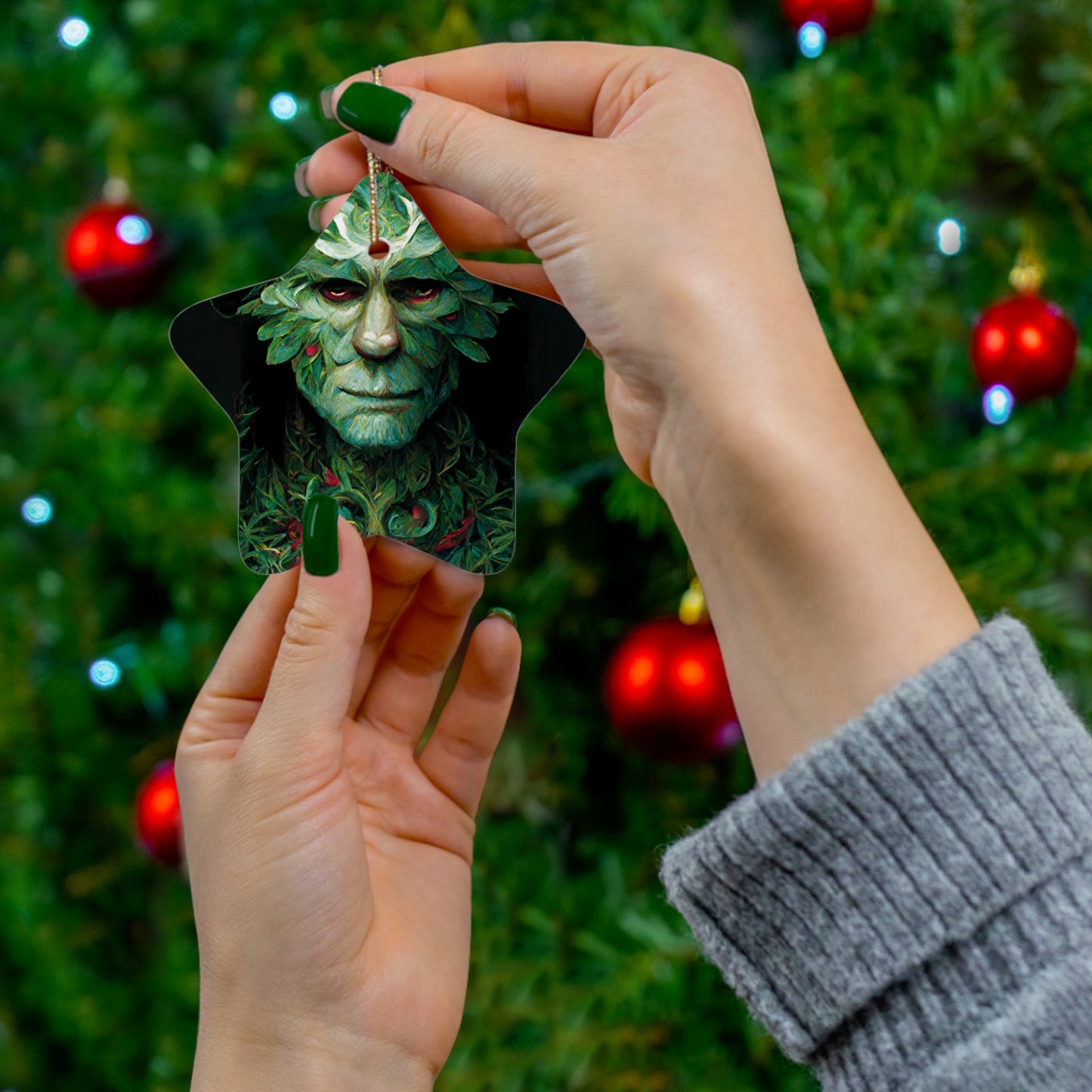 Pagan Yule Ornament - Green Man with holly berries Ornament - Blessed Yule! Ceramic ornament for Yule Tree or Christmas Tree, pagan man gift