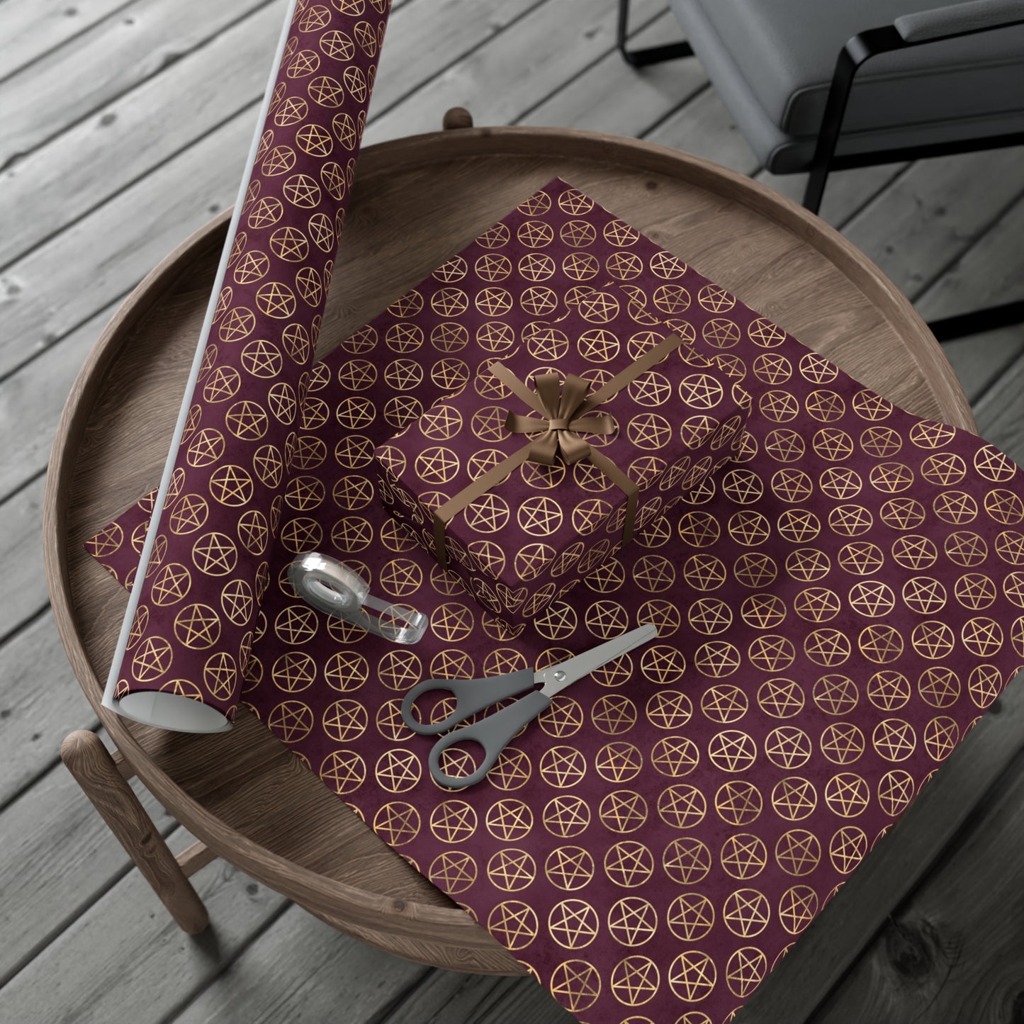 Gold & Merlot Pentagrams | Witchy Wrapping Paper | Boutique Gift Wrap
