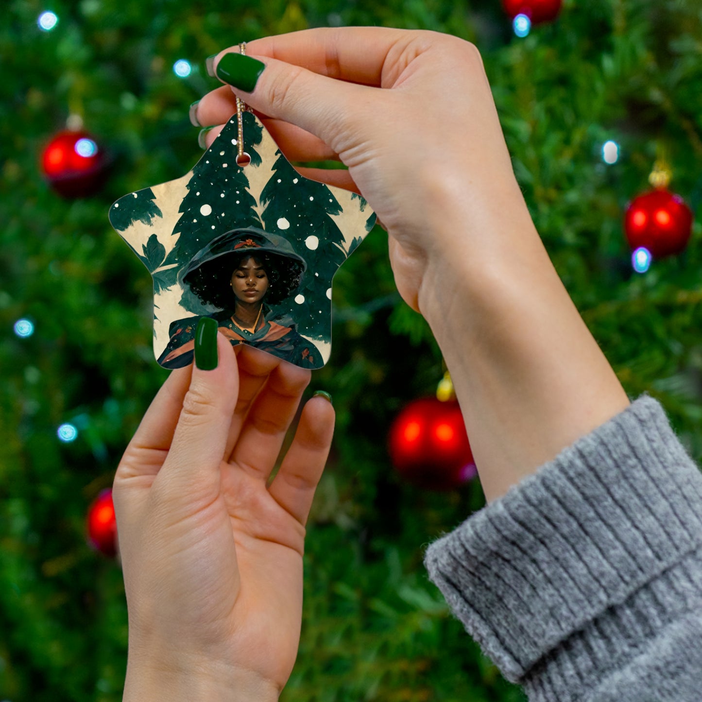 Yule Ornament - CERAMIC Witch with Pine Trees Yule Ornament - Blessed Yule! For Yule Tree, black woman, wiccan gift, pagan decor