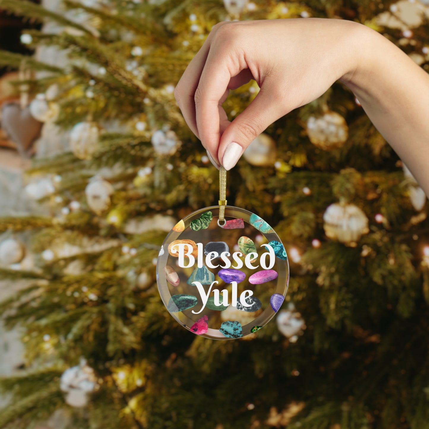 Glass Yule Ornament with Gemstone Design - Christmas Ornament - Ornament for Tree Winter Solstice - Pagan, Witch, Witchcraft Blessed Yule
