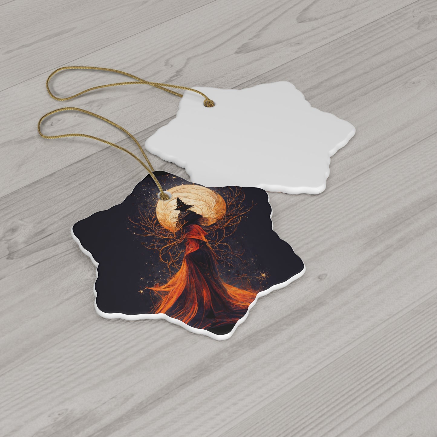 Witchy Yule Ornament - Full Moon ceremony in the Woods with Cloaked Witch - Blessed Yule! Ceramic ornament for Yule Tree or home decoration