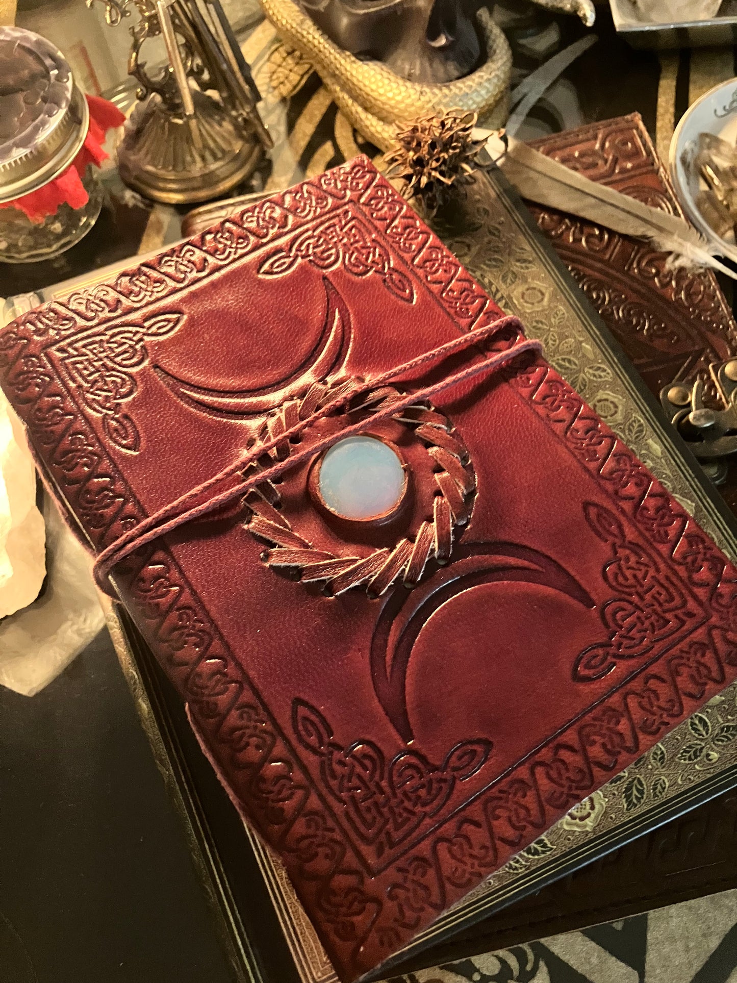 5x7" Triple Moon Grimoire | Book of Shadows | Small Leather Journal with Stone