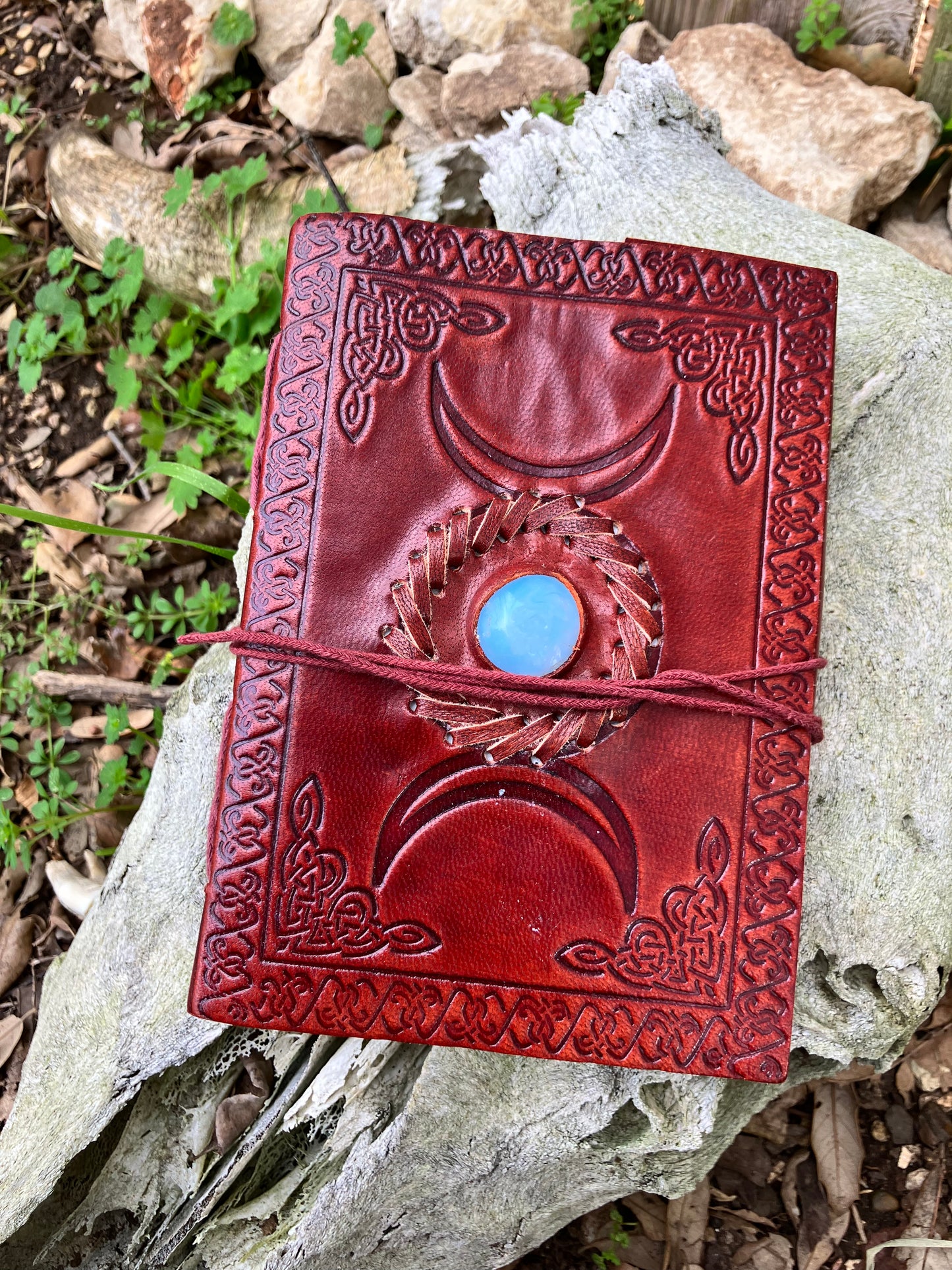 5x7" Triple Moon Grimoire | Book of Shadows | Small Leather Journal with Stone