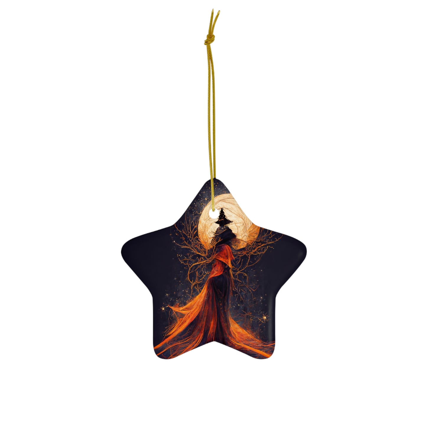 Witchy Yule Ornament - Full Moon ceremony in the Woods with Cloaked Witch - Blessed Yule! Ceramic ornament for Yule Tree or home decoration